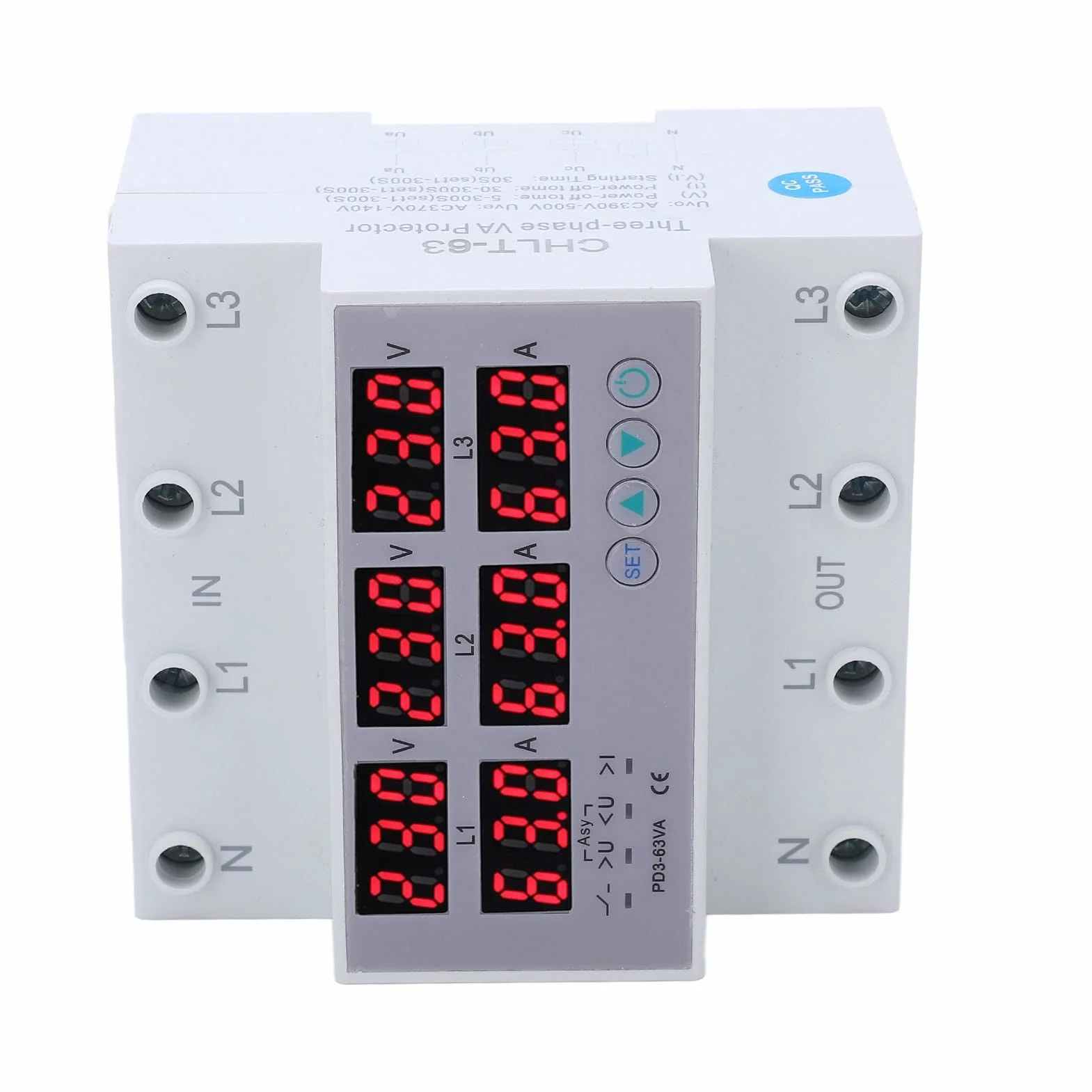 63A Probador Múltiple Amperímetro Voltímetro Riel DIN Trifásico CA 390‑500V Protector Sobrecorriente Sobrevoltaje Automático