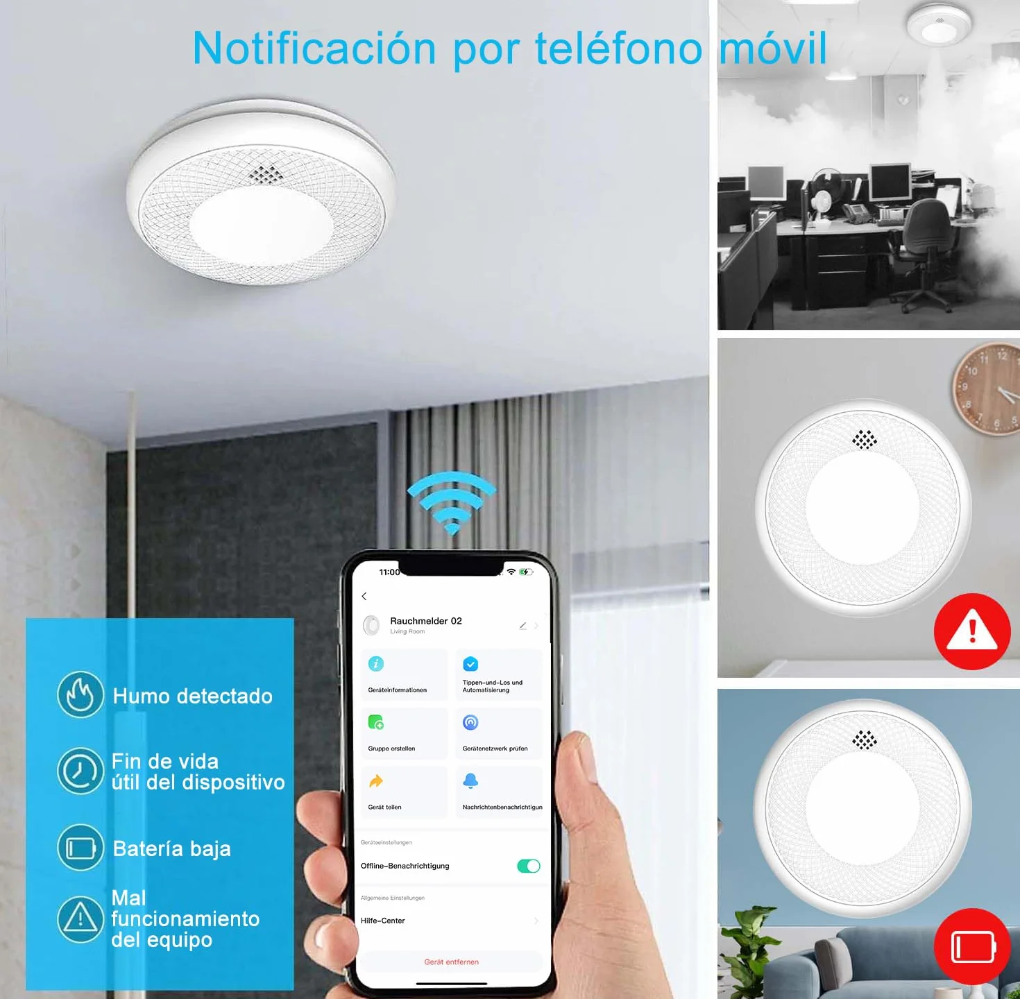 Detector de Humo Inteligente Wi-Fi 2 Piezas EN 14604 Batería 10 Años App Tuya/Smart Life