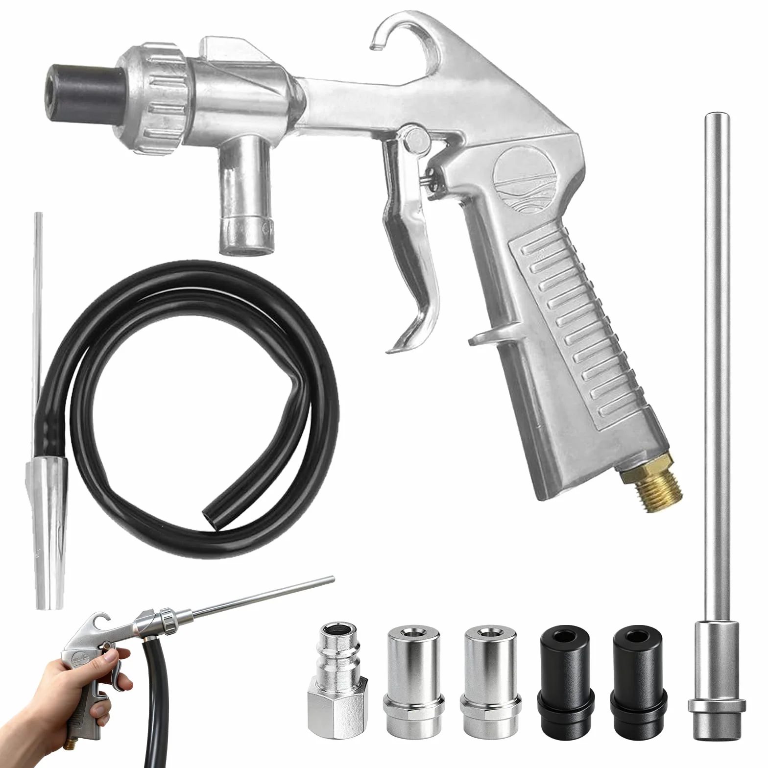 Juego de pistola de chorro de arena de aire comprimido, pistola de chorro de arena con 1M de entrada sifónica, boquillas de chorro de arena de metal de calibre 5MM-6MM, adecuadas para equipos de