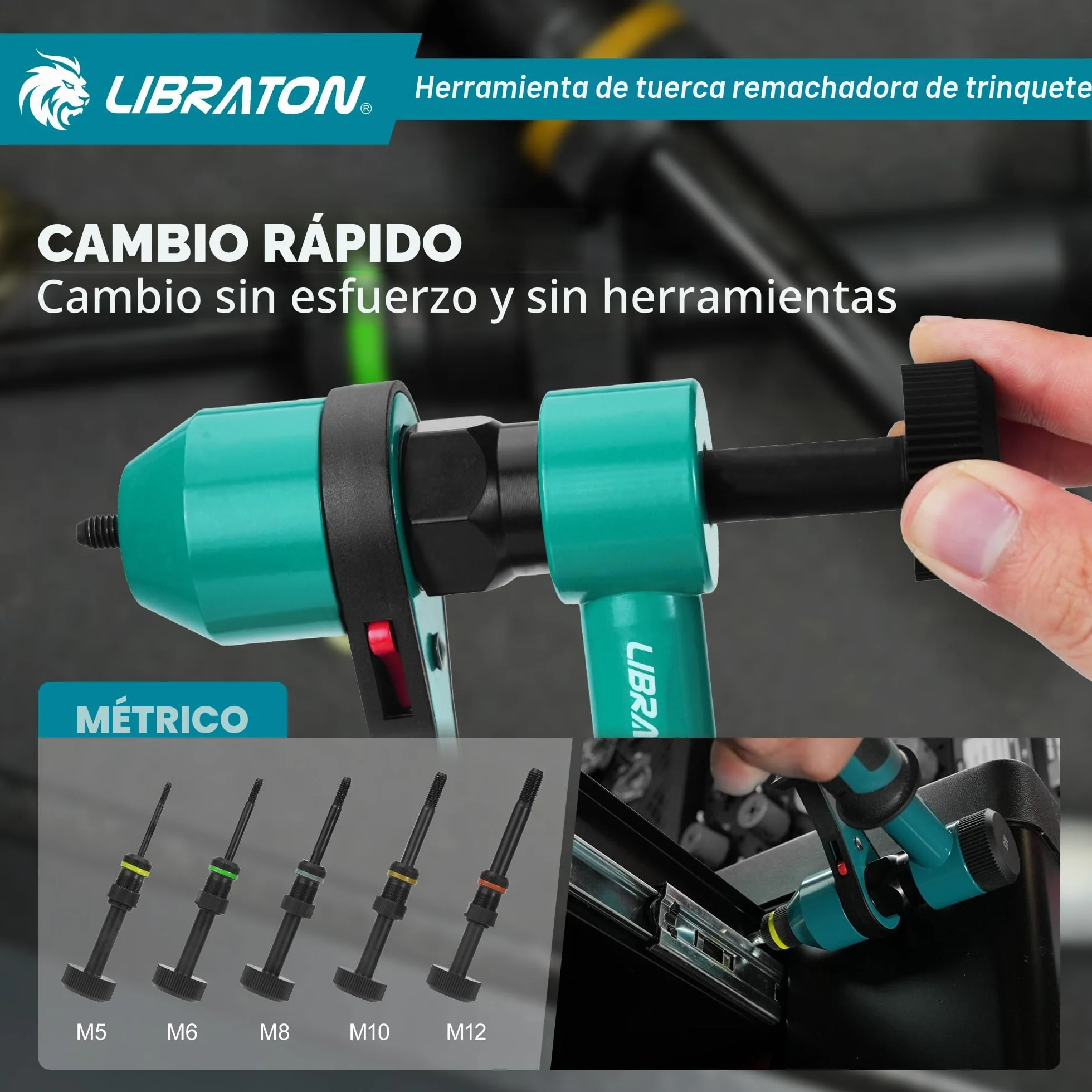 LIBRATON Remachadora de Tuercas, Remachadora de Tuercas Profesional con Trinquete, Pistola de Remachadora Manual con 5 Mandriles Métricos, 5 Boquilla de Tuerca, 50 Piezas Tuercas Remachables, Caja