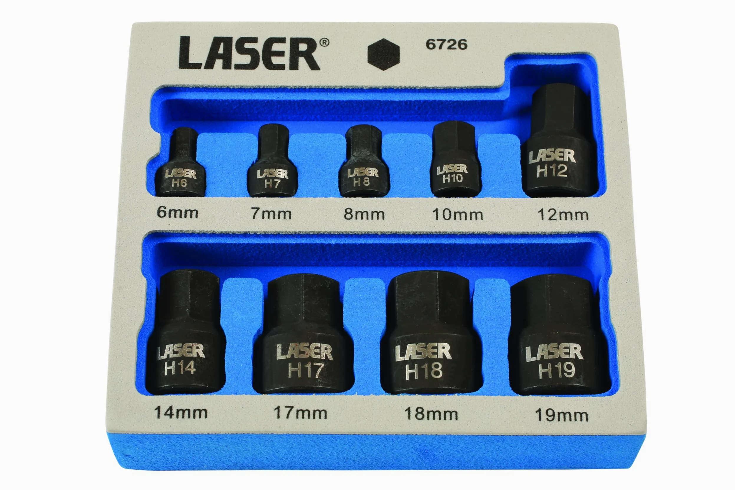 Laser 6726 Low Profile Impact Hex Socket Bit Set 1/4"D, 3/8"D 9pc, Silver