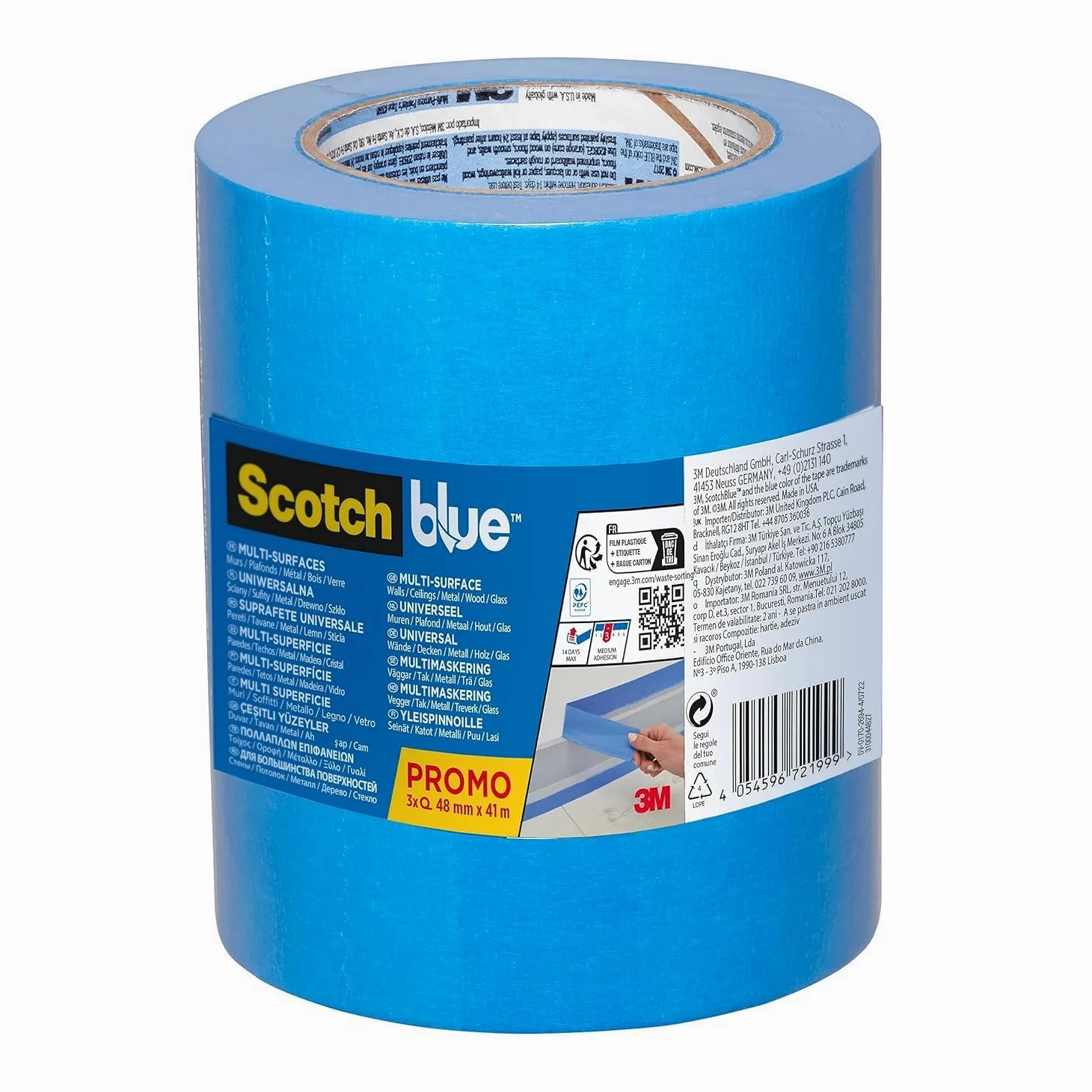 ScotchBlue Cinta de Enmascarar Multisuperficie, 3 Rollos (48 mm x 41 m) Cinta de Pintor Azul Scotch para Pintar y Decorar, Interior y Exterior, 100% PEFC