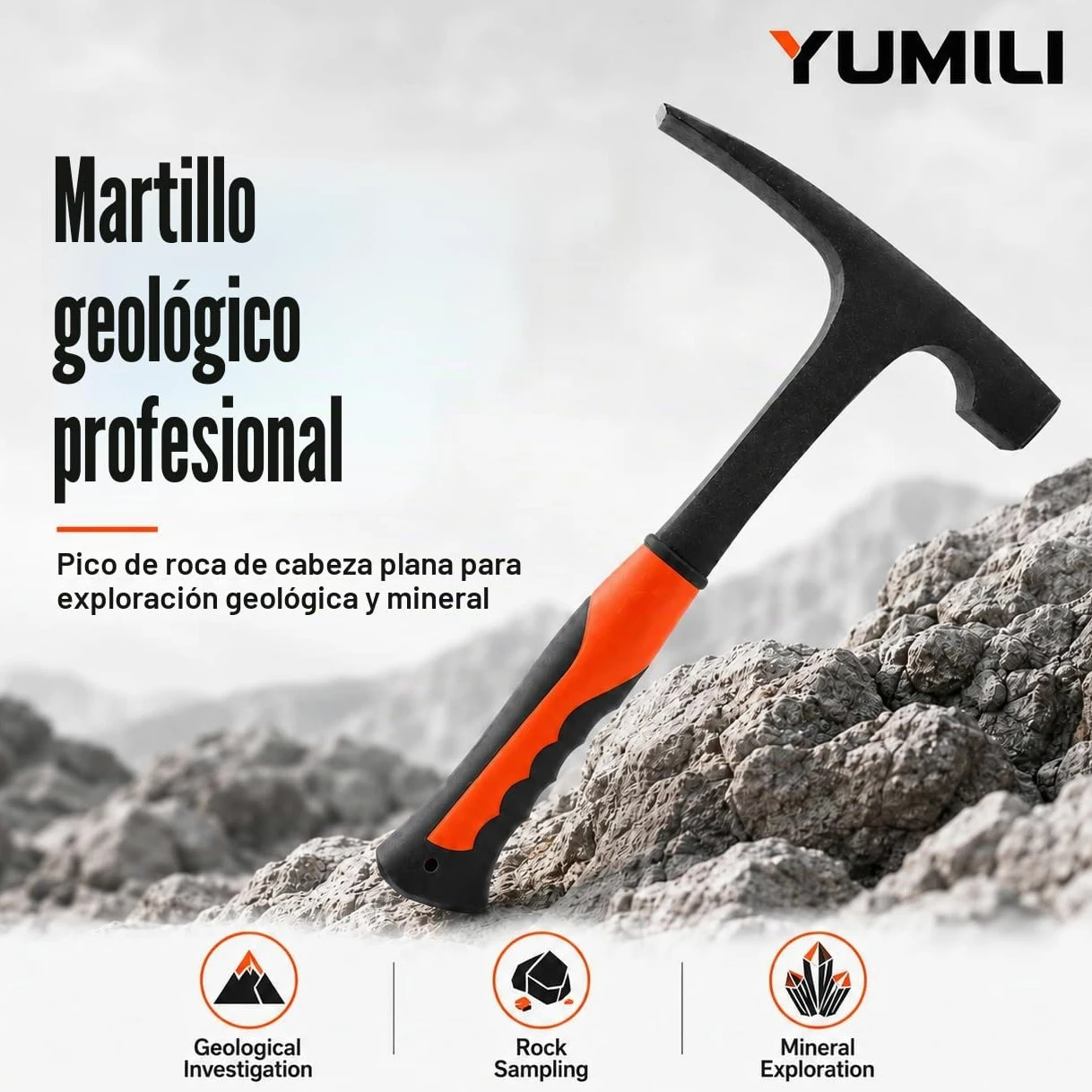 Geológico Exploración Martillo, Martillo Geológico Profesional 850g, Geología Rock Pick Hammer, Pico de Roca de Cabeza Plana, Herramienta de Exploración de Minerales para Geología al Aire Libre, 285mm