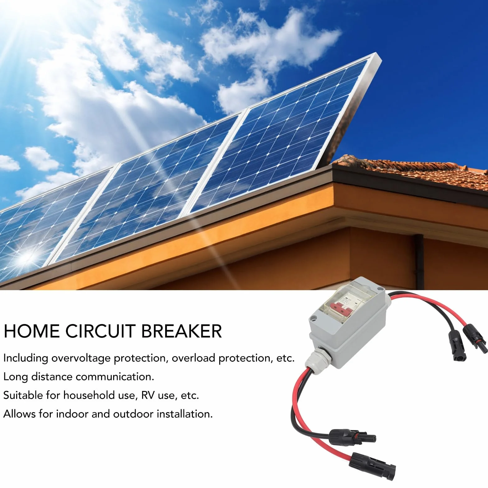 Caja de Distribución de Disyuntores 2P MCB DC 500V 32A Interruptor de Desconexión con Disyuntor a Prueba de Agua IP65 para Sistemas Solares, Hogar, RV (Con cable y conector
