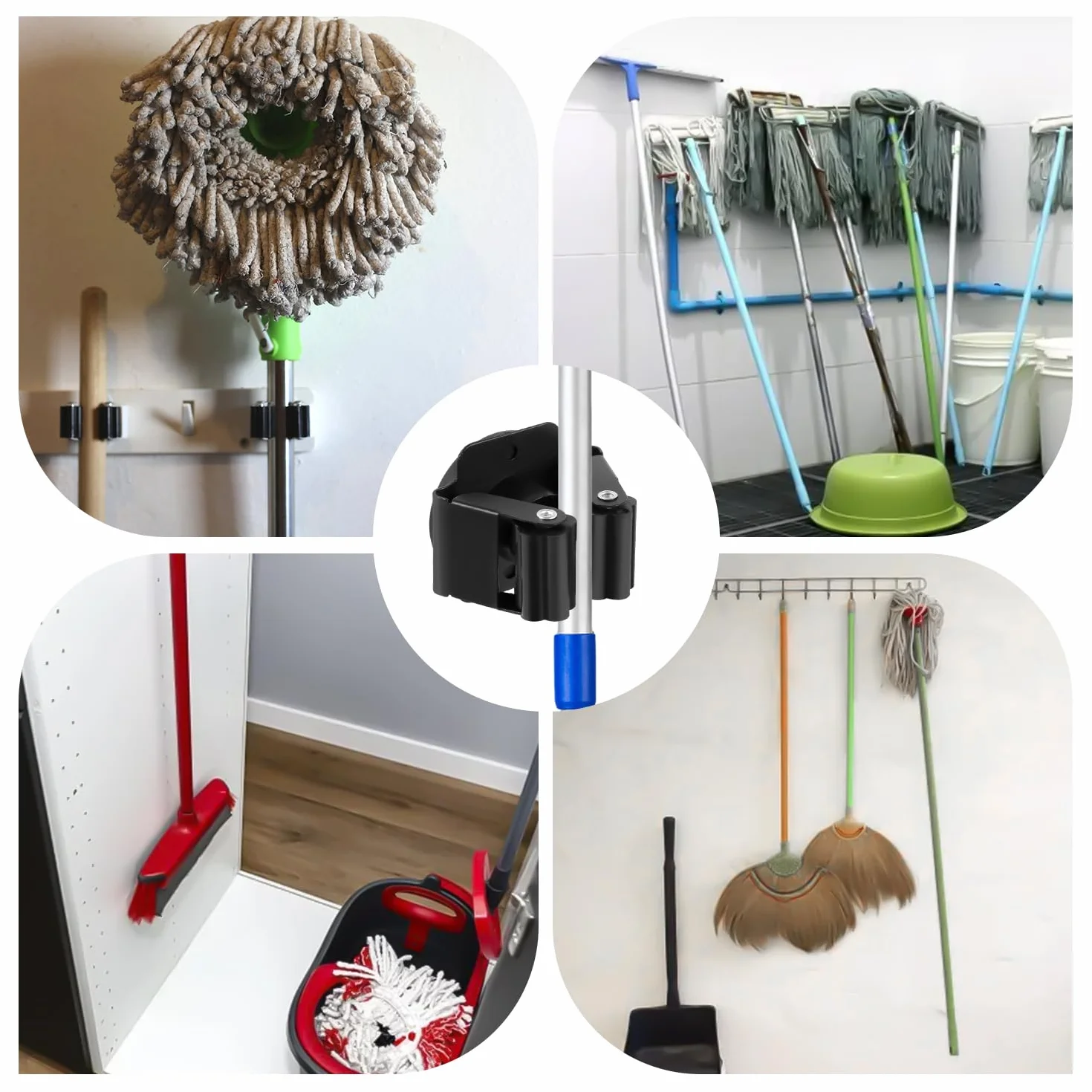 NQEUEPN 4uds Soporte para Escoba y Fregona Colgante, Soporte Magnético para Escoba Soporte para Fregona Resistente Soporte para Escoba Sin Taladro Negro Soporte Pared Fregona para Lavandería Garaje