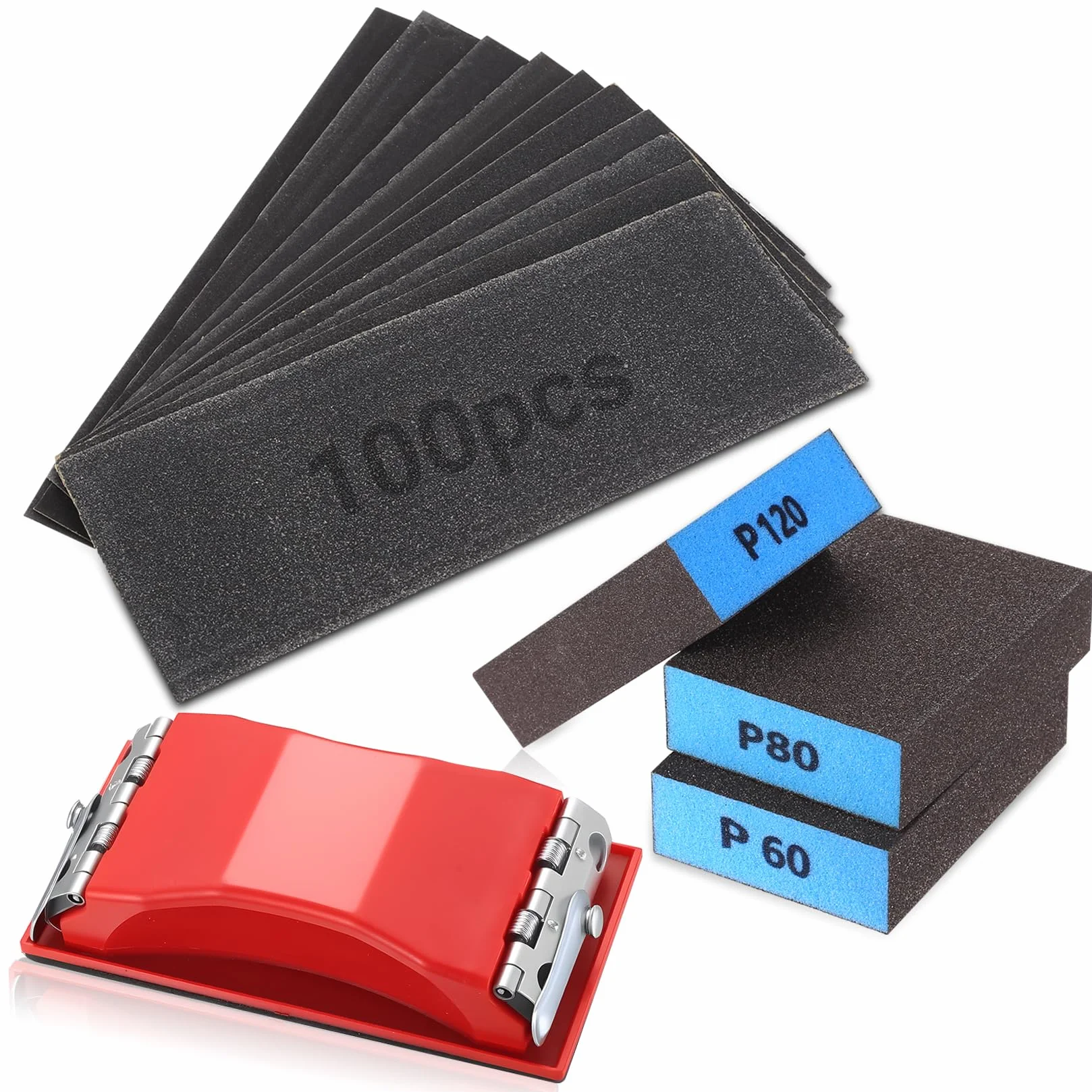 Juego de papel de lija de, 104 piezas: incluye 100 hojas de papel de lija, 3 esponjas de lija y 1 lijadora manual; grano 60-800; ideal para madera, metal y pintura.