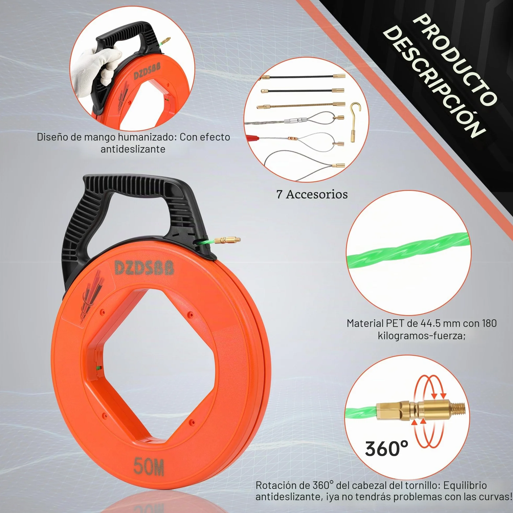Guia pasacables profesional 50 m 4,5 mm rosca M5 retráctil con carcasa 7 muelles