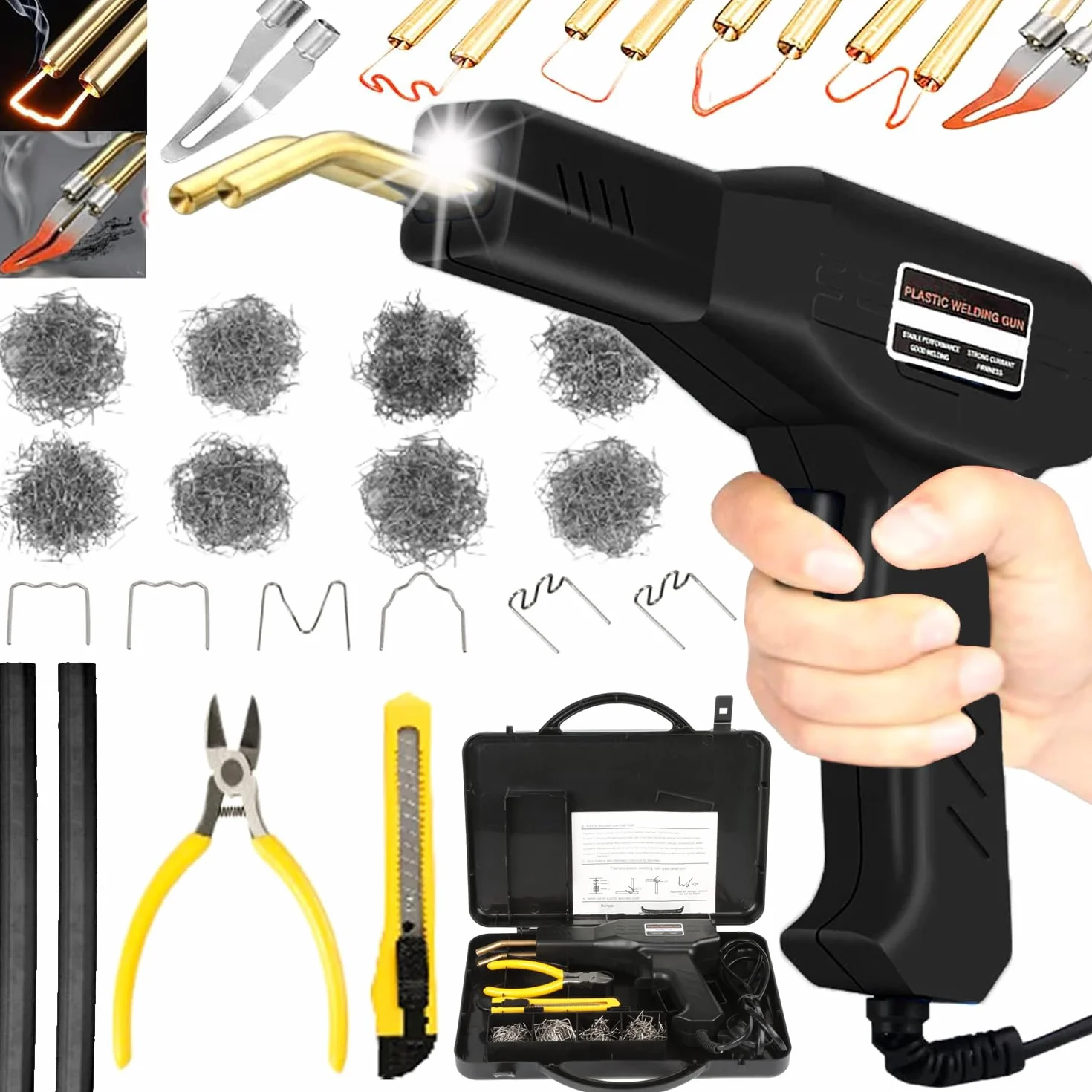 Soldador de plástico de 220 W, 2 em 1 soldagem de plástico, 800 grampos,reparação de para-choques de carro,com 2 peças hastes de soldagem, alicates e facas(negro)