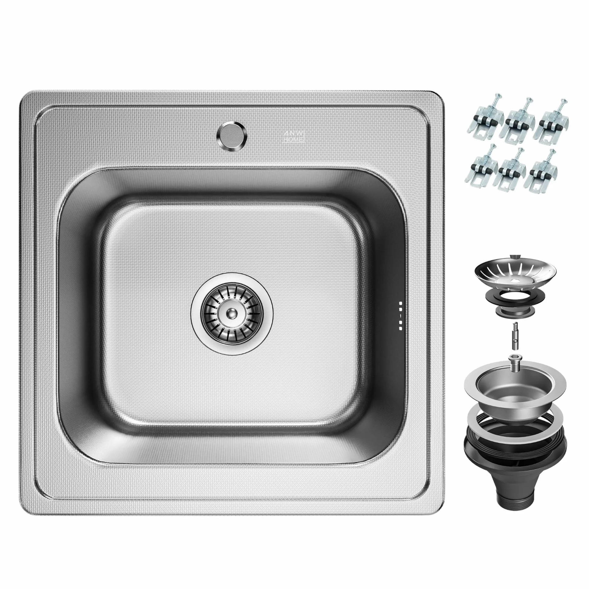 ANW HOME Fregadero Cocina 1 Seno, Fregadero sobre Encimera de Acero Inoxidable 48x48 cm, Color Plata, Acabado Antirrayas, Espesor 1 mm, 18 cm de Profundidad, con Sifón