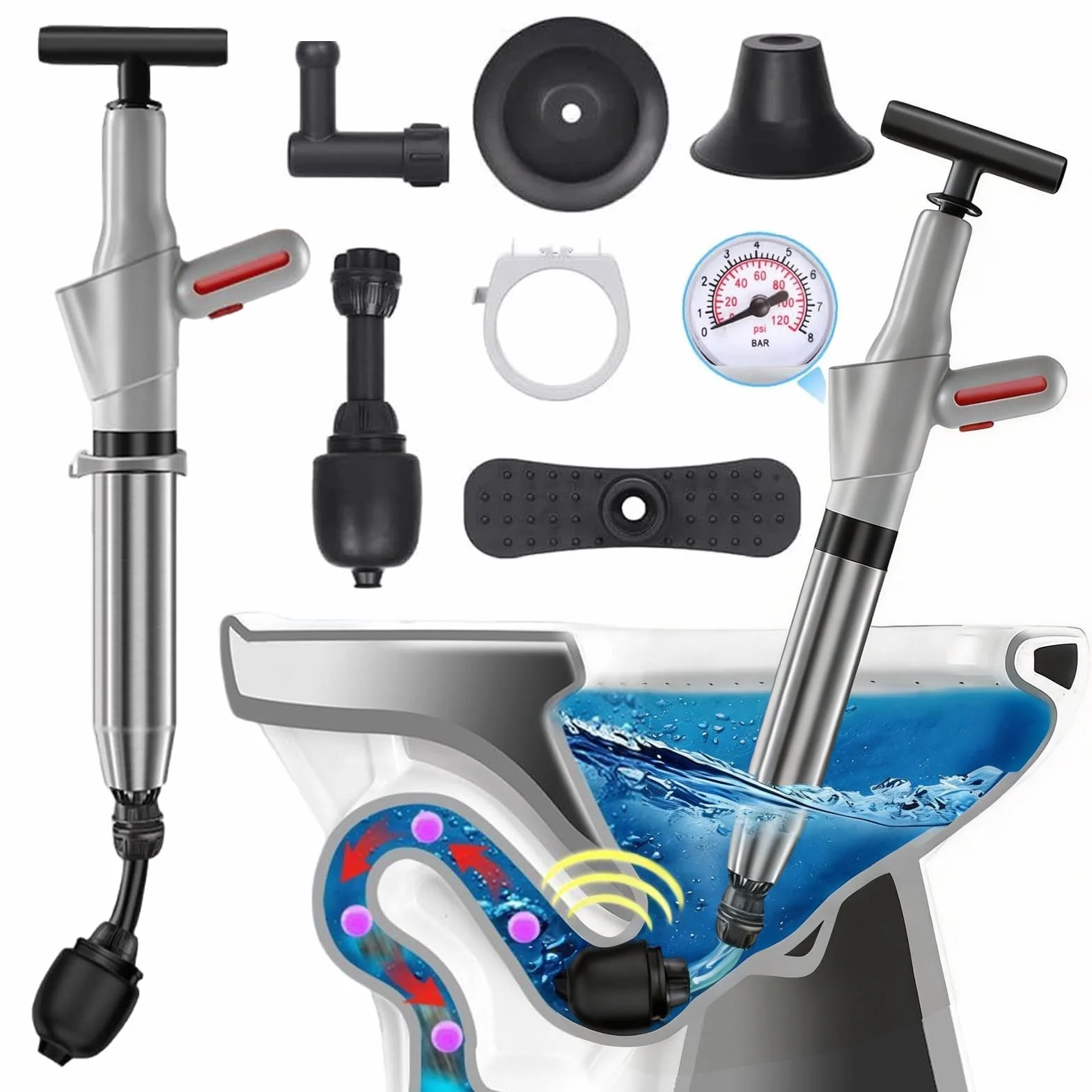 ZhouWei Desatascador Tuberias a Presion Inflable Manual, Desatascador WC Profesional con Manómetro Visible y Reemplazable Ventosas, para Inodoro Lavabo Bañera y fontanería del Hogar