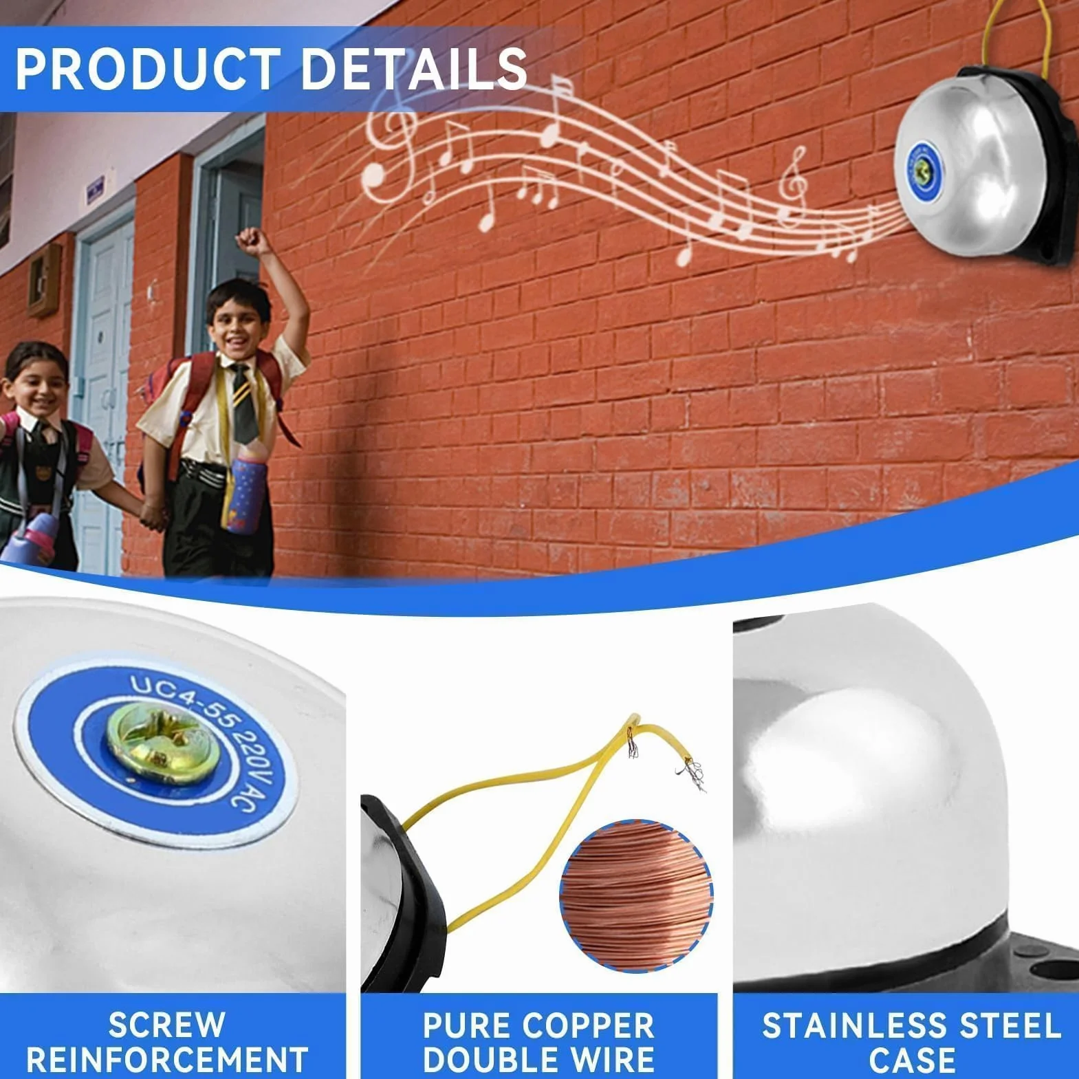 Agatige Timbre Eléctrico de Acero Inoxidable 220V 5W para Hogar Escuela Alarma Incendios