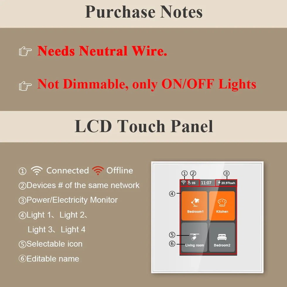 LANBON Interruptor de luz inteligente L8-HS4 de 4 velocidades con aplicación Smart Life/Homekit/Smart Living compatible con Alexa y Google Home, cable neutro requerido, no requiere hub
