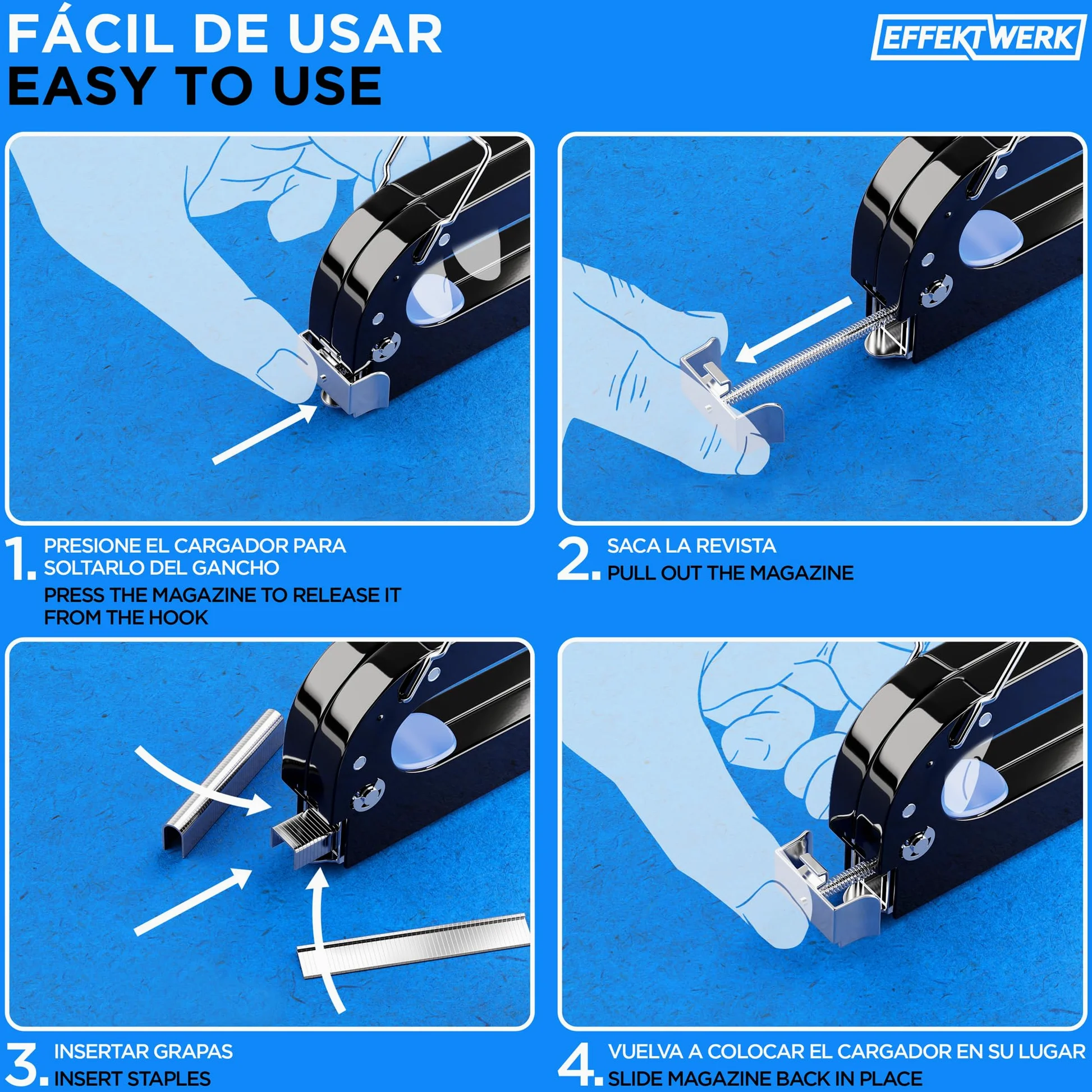 Set de Grapadora 5 en 1 - Grapadora de Alta Resistencia + 1500 Grapas + Quitagrapas para Madera, Tela, Malla Metálica - Construcción, Manualidades, Tapicería