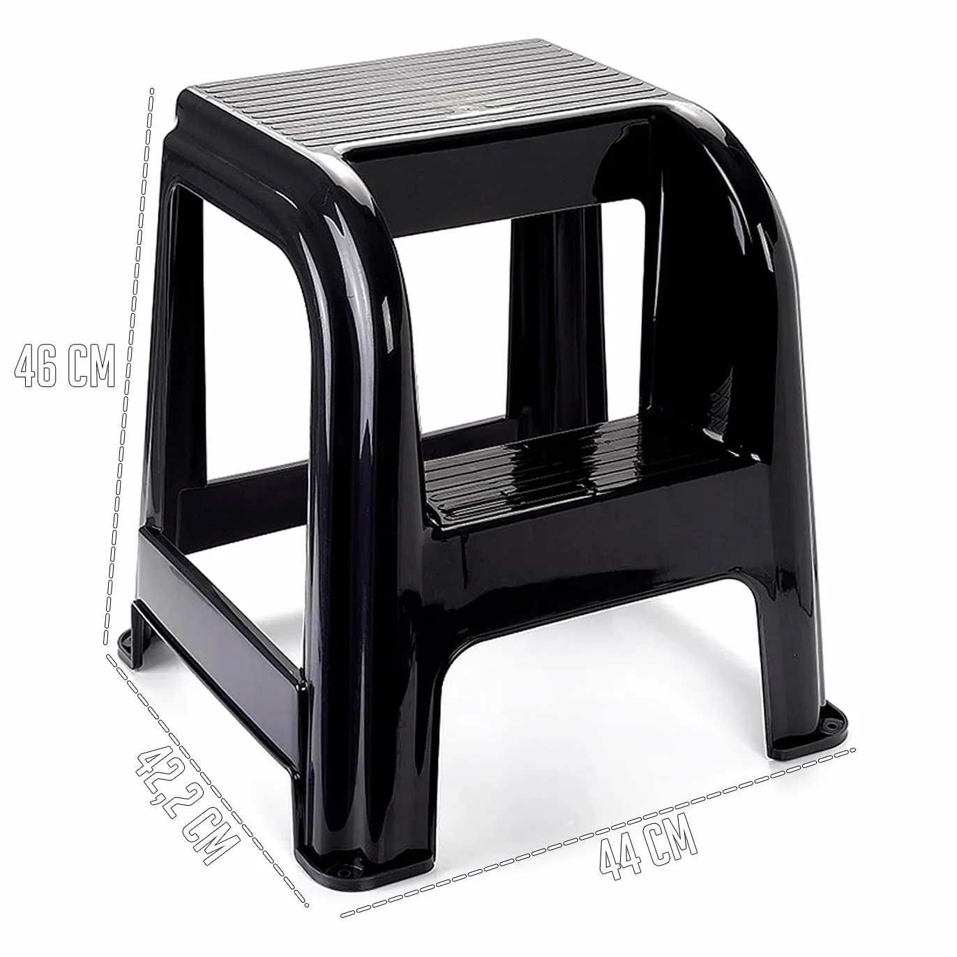 Tradineur - Taburete Domus con Escalón - Fabricado en Plástico - Ideal para Uso Tanto Profesional como doméstico - Peso MAX 150 kg - 44 x 42 x 45 cm - Color Negro