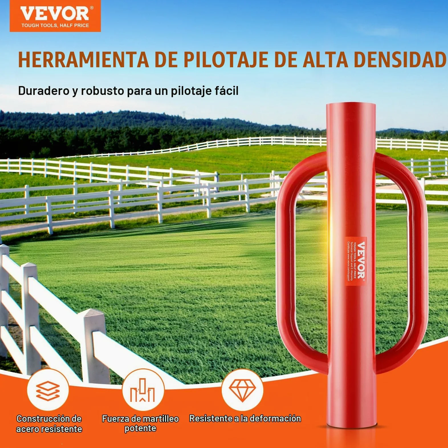 VEVOR Apisonador Manual para Postes de Cerca con Asas, Diámetro Interior 101,6 mm, Postes en T, Acero al Carbono, Resistente, para Canal en U, Poste de Señalización y Madera, Rojo, 490 x 242 x 118 mm