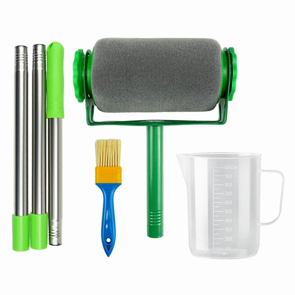 Juego de rodillos de pintura resistentes, rodillo de pintura con cepillo extensible, bandeja, rodillos, agitador, antigoteo, borde de corte limpio, kit de pintura multifuncional para paredes y techos
