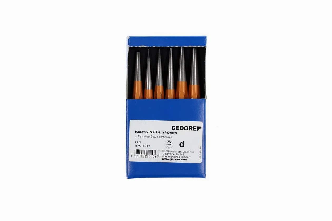 GEDORE Juego de botadores cónicos, 6 piezas, Juego de botadores cilíndricos en soporte de PVC, Templados, Revenidos, Acero, Herramienta, 8753680