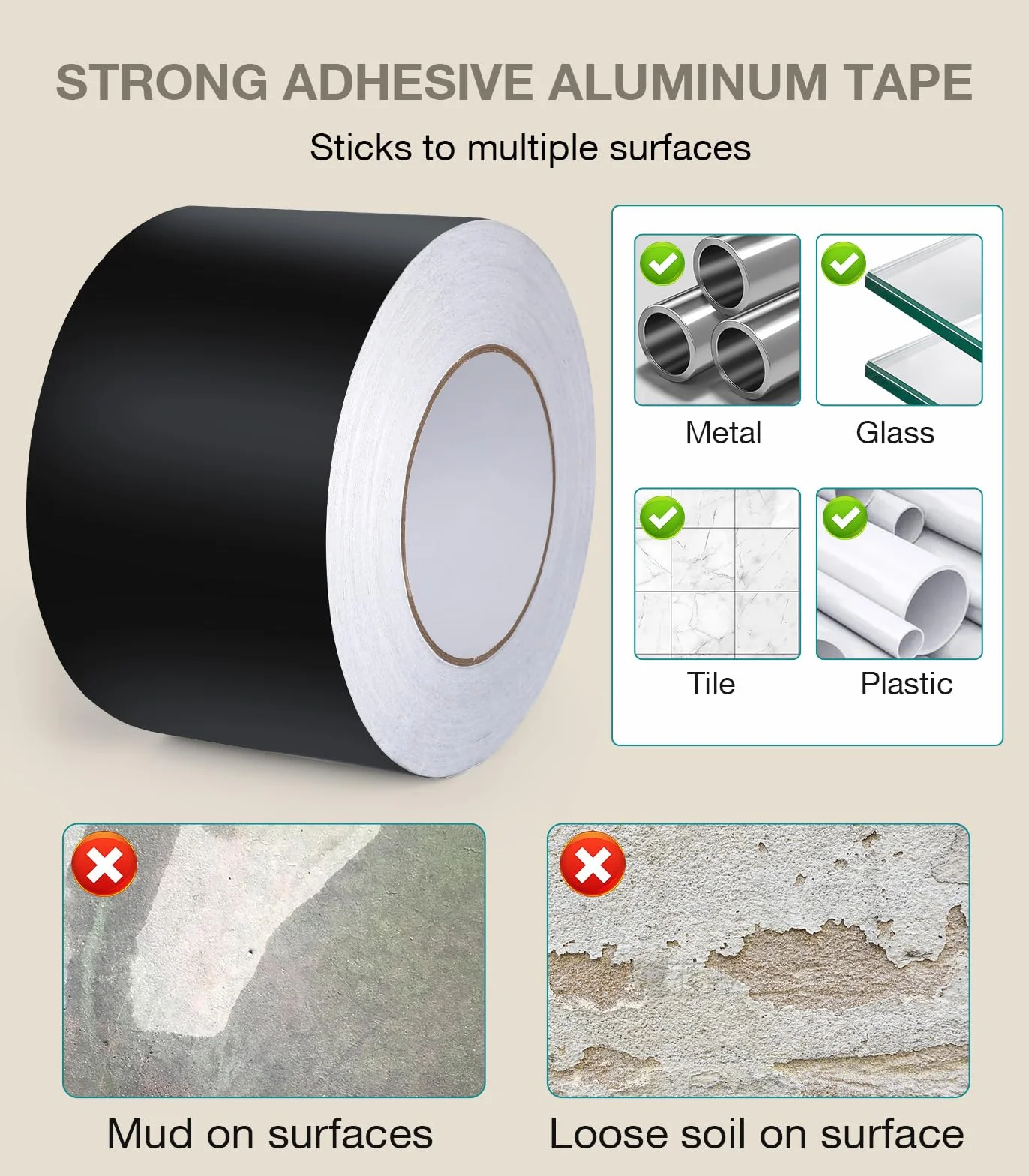 Cozary Cinta de Aluminio Negra 50mm x 20m,Cinta Aluminio Adhesiva Impermeable y Resistente al Calor,Cinta Selladora Metálica para Conductos de Aire Altas y Bajas TemperaturasTemperaturas