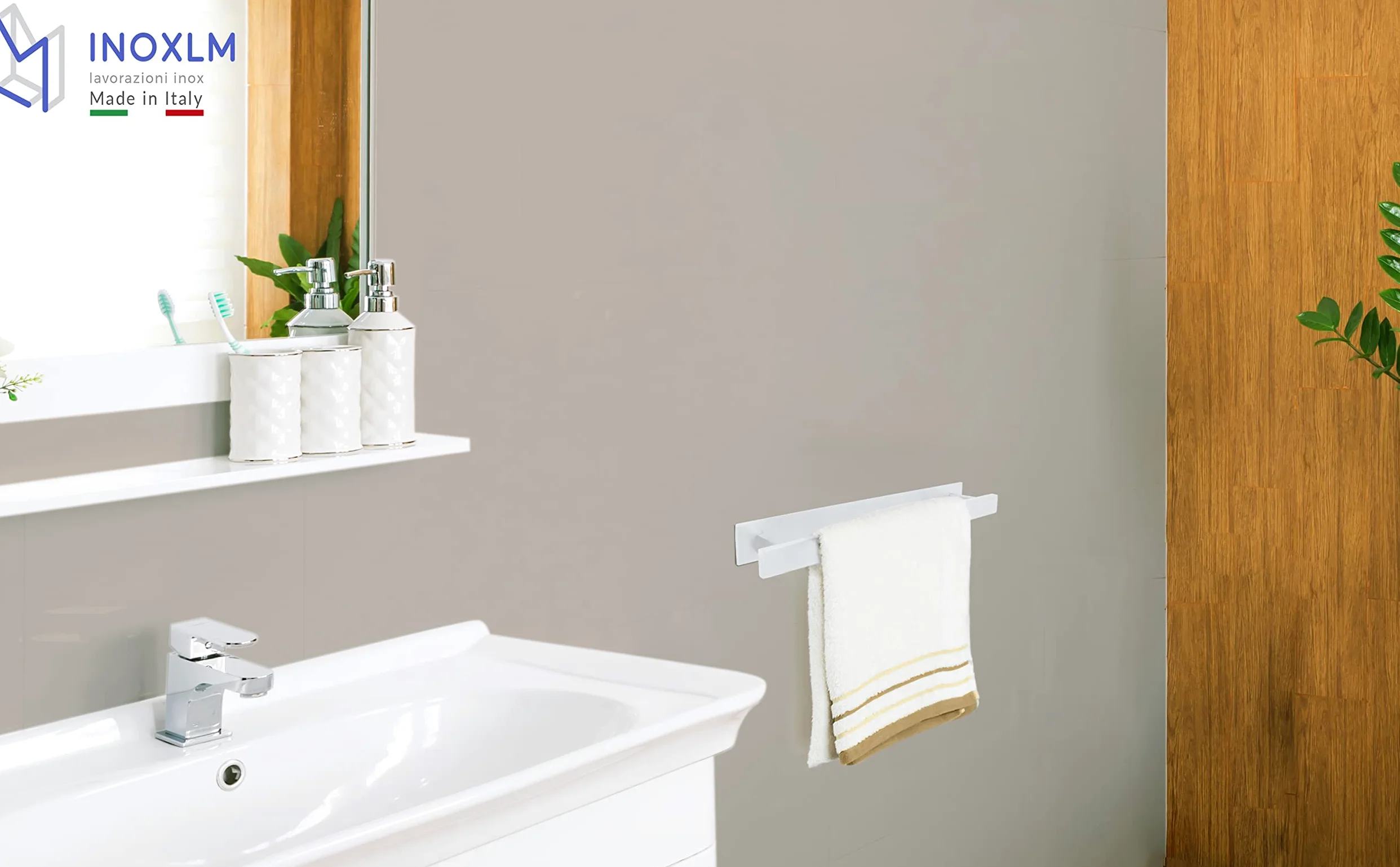 INOXLM - Kit de Baño Adhesivo | Toallero y Portarrollos Sin Agujeros | Porta Papel Higiénico (Kit Completo 2 Piezas, Blanco)
