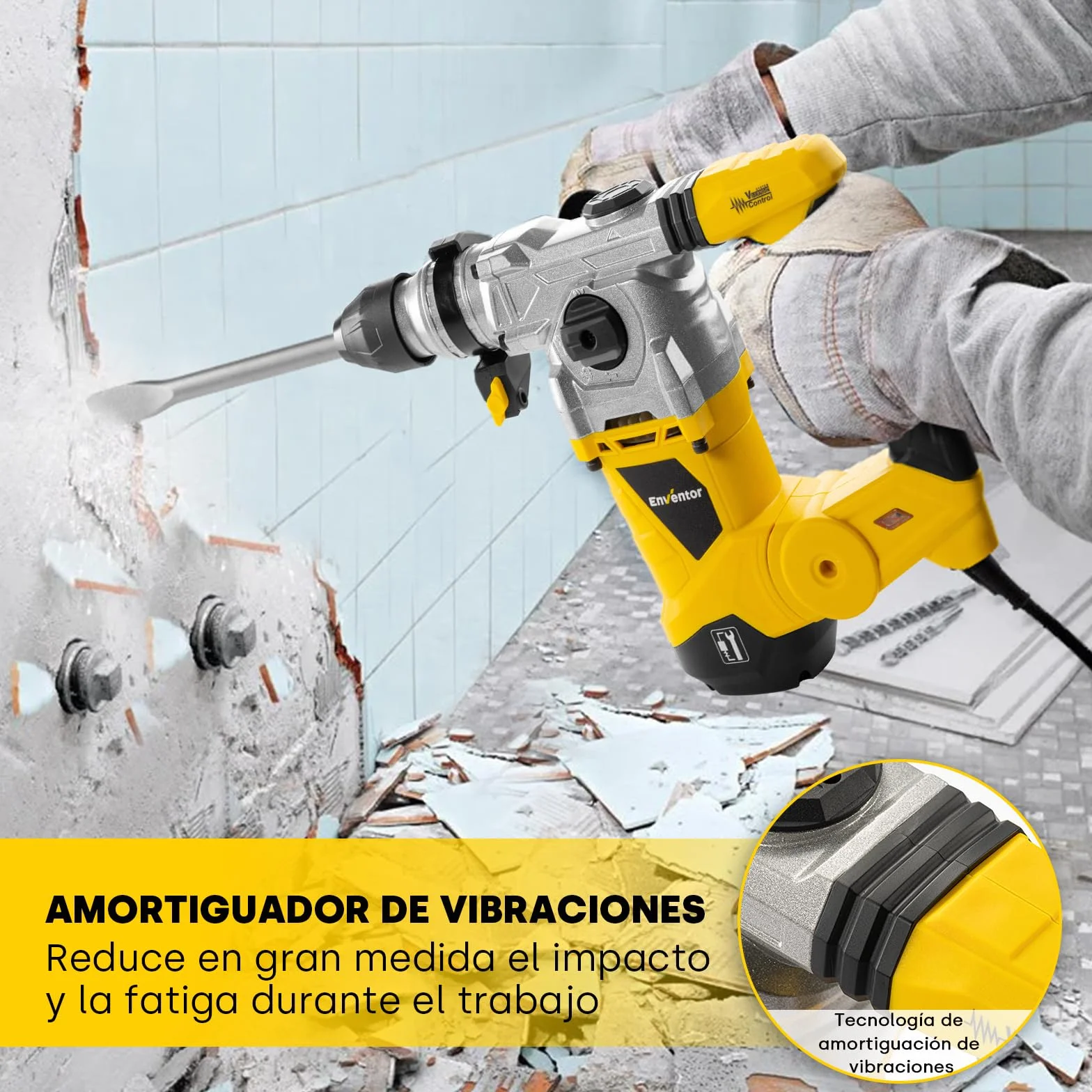 Enventor Martillo Perforador, 1500W Martillo Demoledor, Martillo Percutor con SDS-Plus Mandril, 4500BPM, 6J, 850RPM, 4 Funciones, Control de Vibración, para Concreto, Metal y Madera
