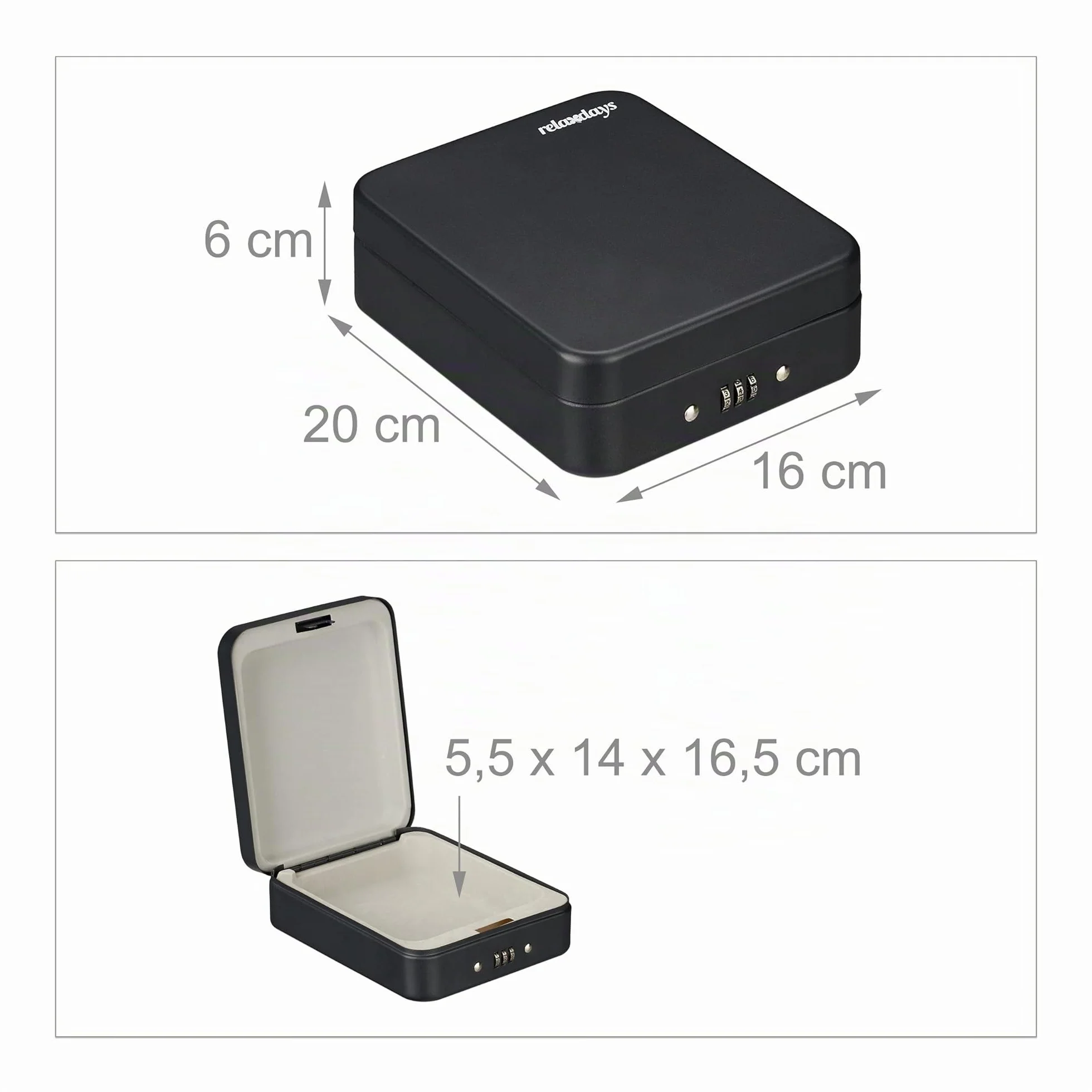 Relaxdays Caja Fuerte Portátil Seguridad, Cerradura Combinación Numérica, Acero, 6 x 16 x 20 cm, Negro