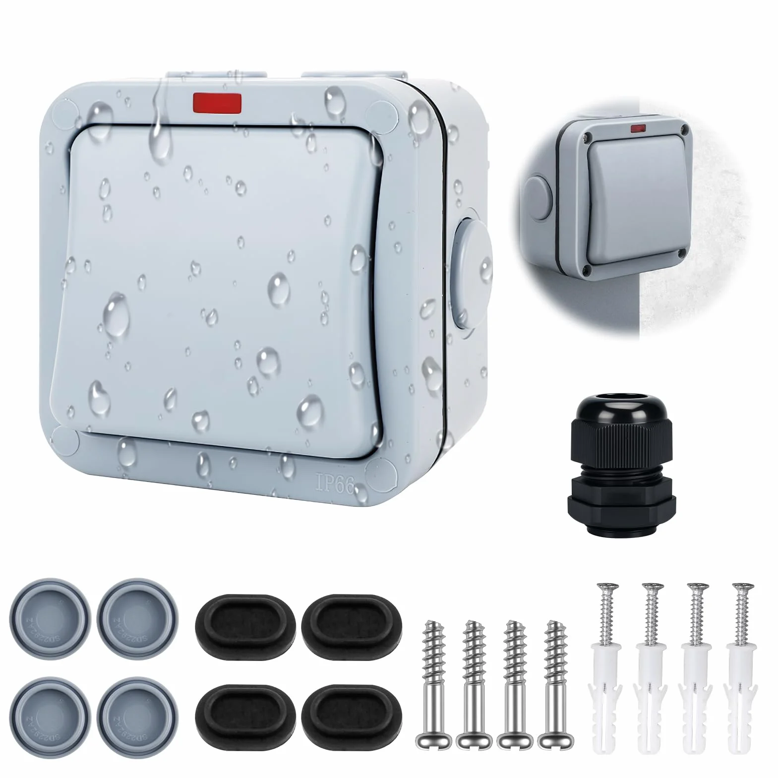 Interruptor de Pared Impermeable IP66 20A Universal Resistente a la Intemperie con Cubierta Antipolvo para Exteriores Jardín Taller