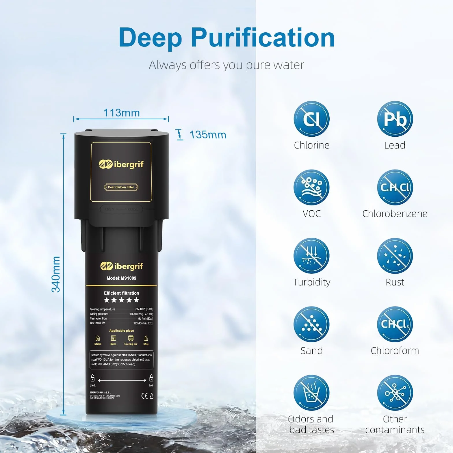 Ibergrif Sistema de Filtro de Agua para Debajo del Fregadero NSF/ANSI 42 Reduce Cloro Plomo Fluoruro Mal Sabor Olor Instalación Rápida Negro