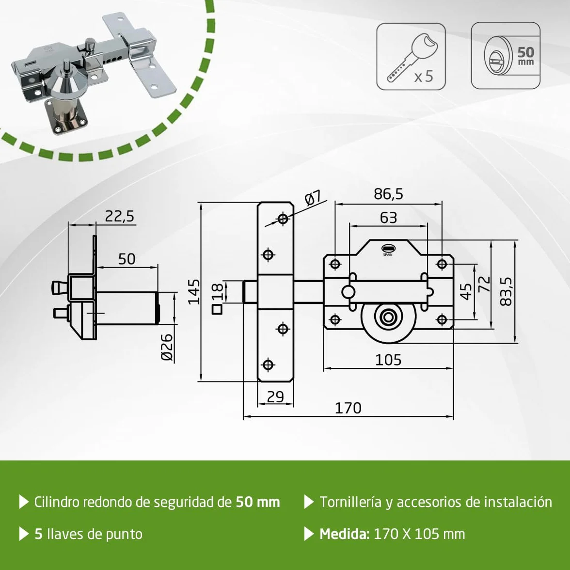 Amig - Cerrojo de Seguridad con Cilindro Redondo – Alta Resistencia a Extracción – Incluye 5 Llaves – 153 x 88 mm - Cerradura de Sobreponer - Acero - Cilindro 50 mm - Plateado