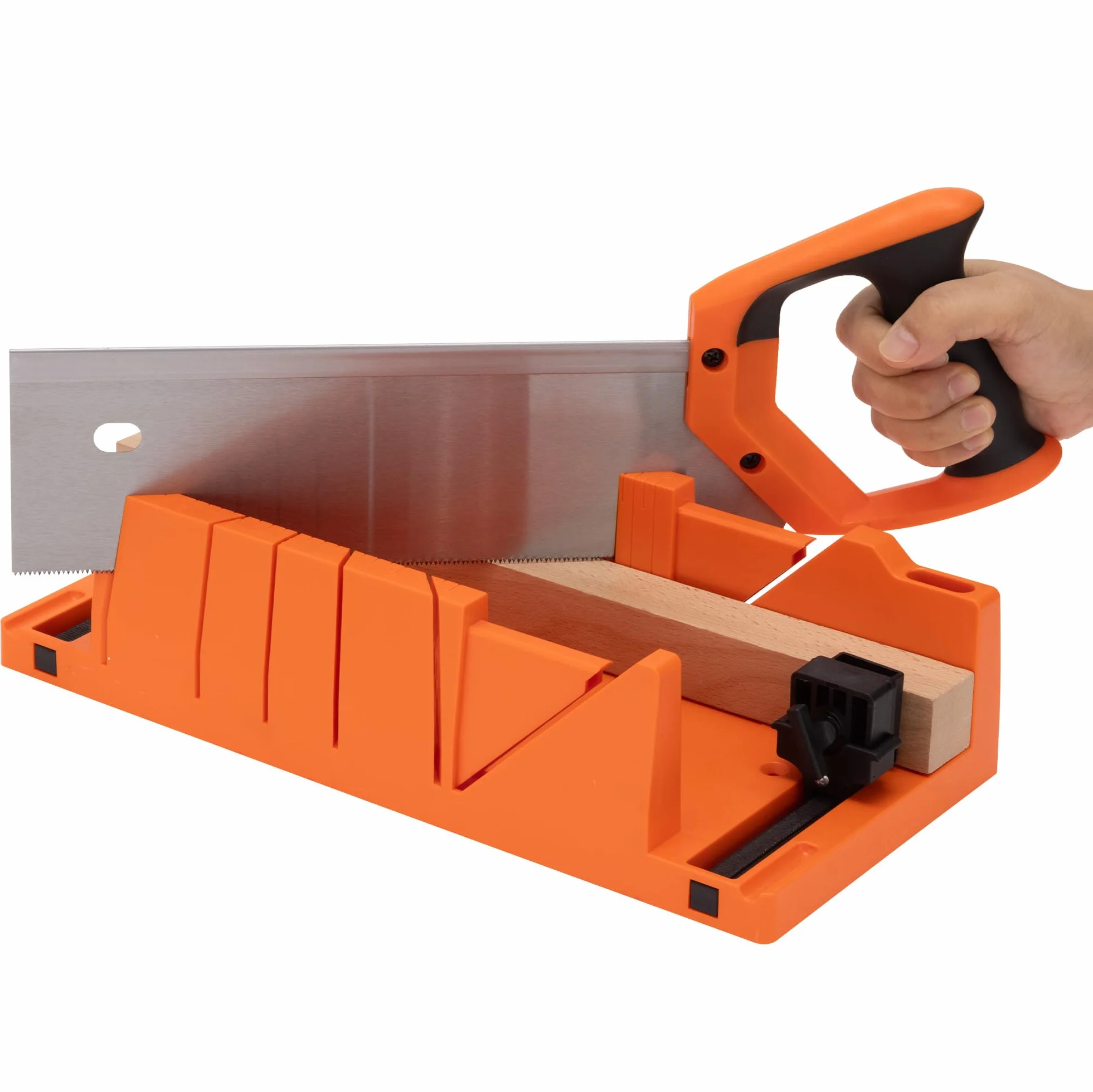 Navaris Ingletadora manual con sierra - Caja de ingletes con serrucho de 12" - Para cortar madera blanda y dura en ángulos de 90° 45° y 22,5° - Con 2x abrazaderas ajustables