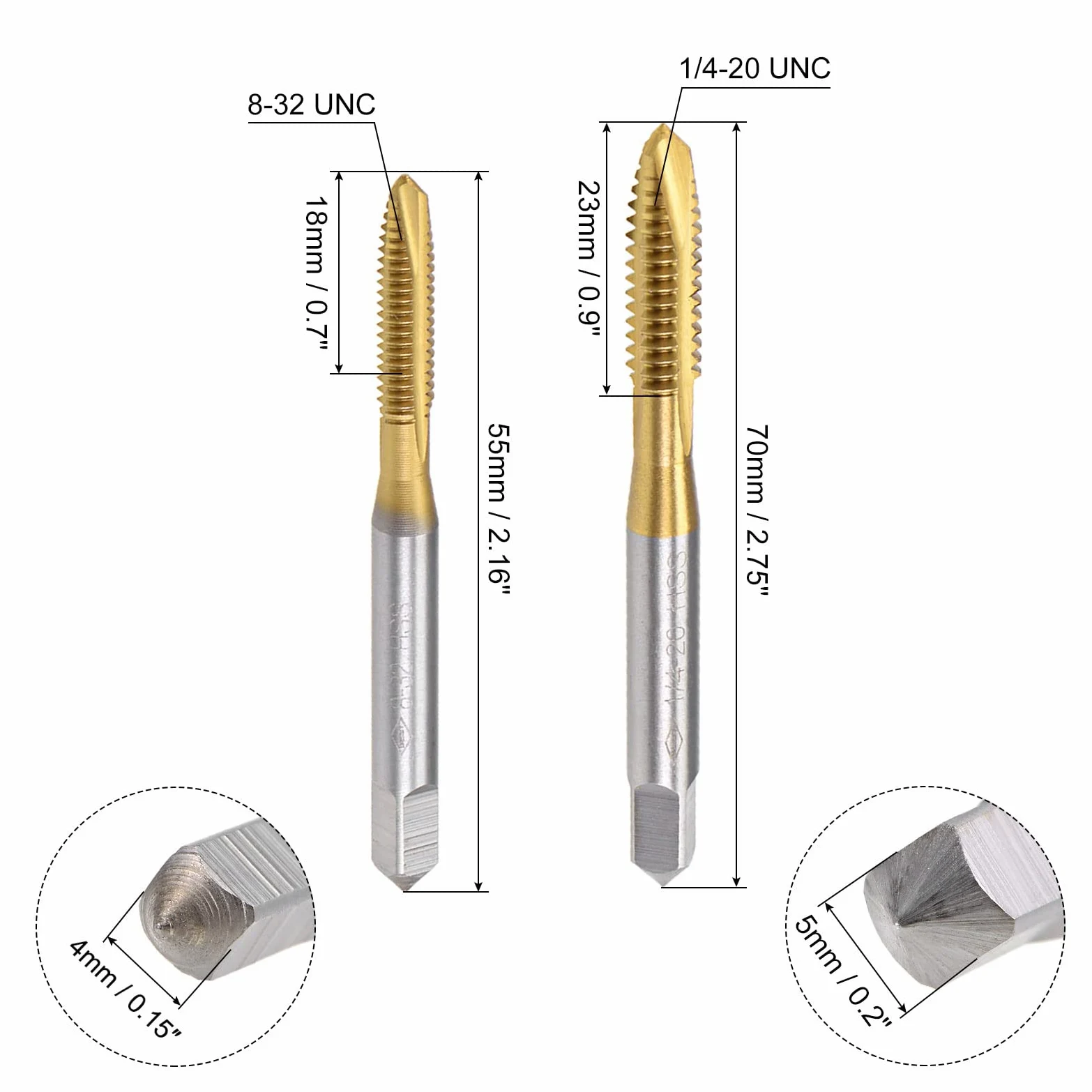 QUARKZMAN Espiral Punto Enhebrado Macho, 1/4-20 UNC 8-32 UNC H2 3 Flautas Alta Velocidad Acero Titanio Revestido Máquina Tornillo Roscado Herramientas, 4uds
