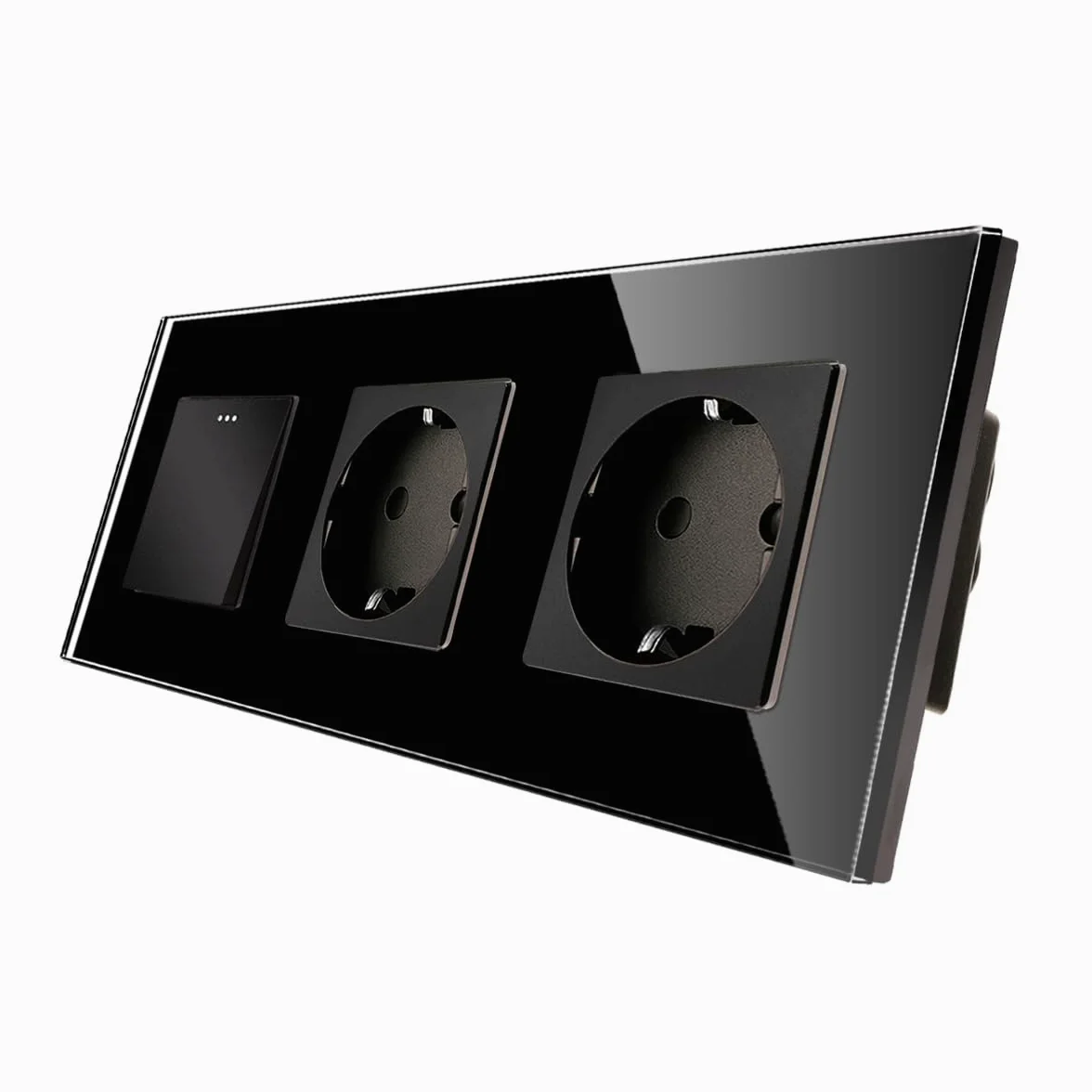 CNBINGO Solecke Doble con interruptor de luz, con placa de vidrio, moderno interruptor de pared Negro de vidrio cristalino, con material fluorescente, interruptor de 1 bandas de 1 vía, 10A 250V