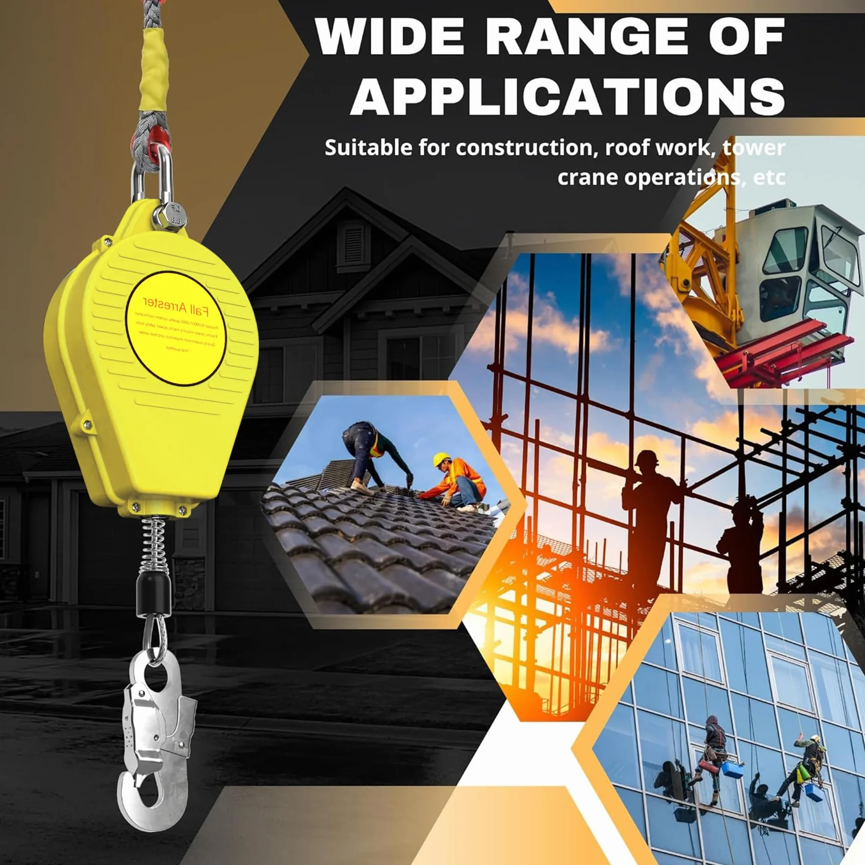 Dispositivo Anticaidas Retráctil, 3-20m Anticaidas Retractil Seguridad Homologado con Gancho Autoblocante, Amarillo Linea de Vida Retractil para Techado y Construcción, Carga:150kg (10m)