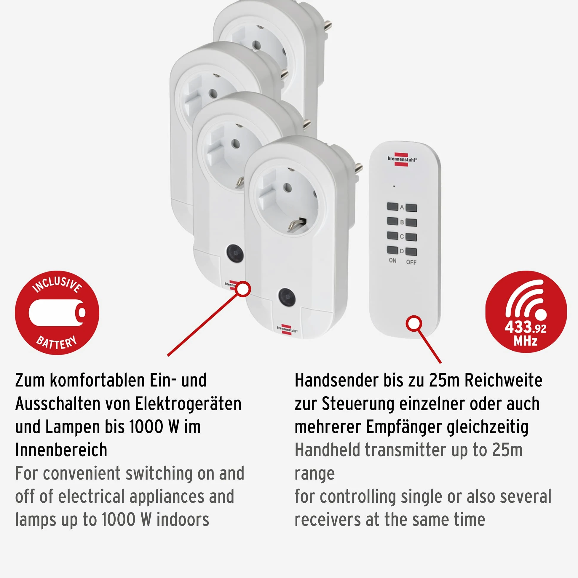 Brennenstuhl Comfort-Line set de 4 enchufes de radio (enchufes inalámbricos para uso en interiores, mando a distancia, radio control)