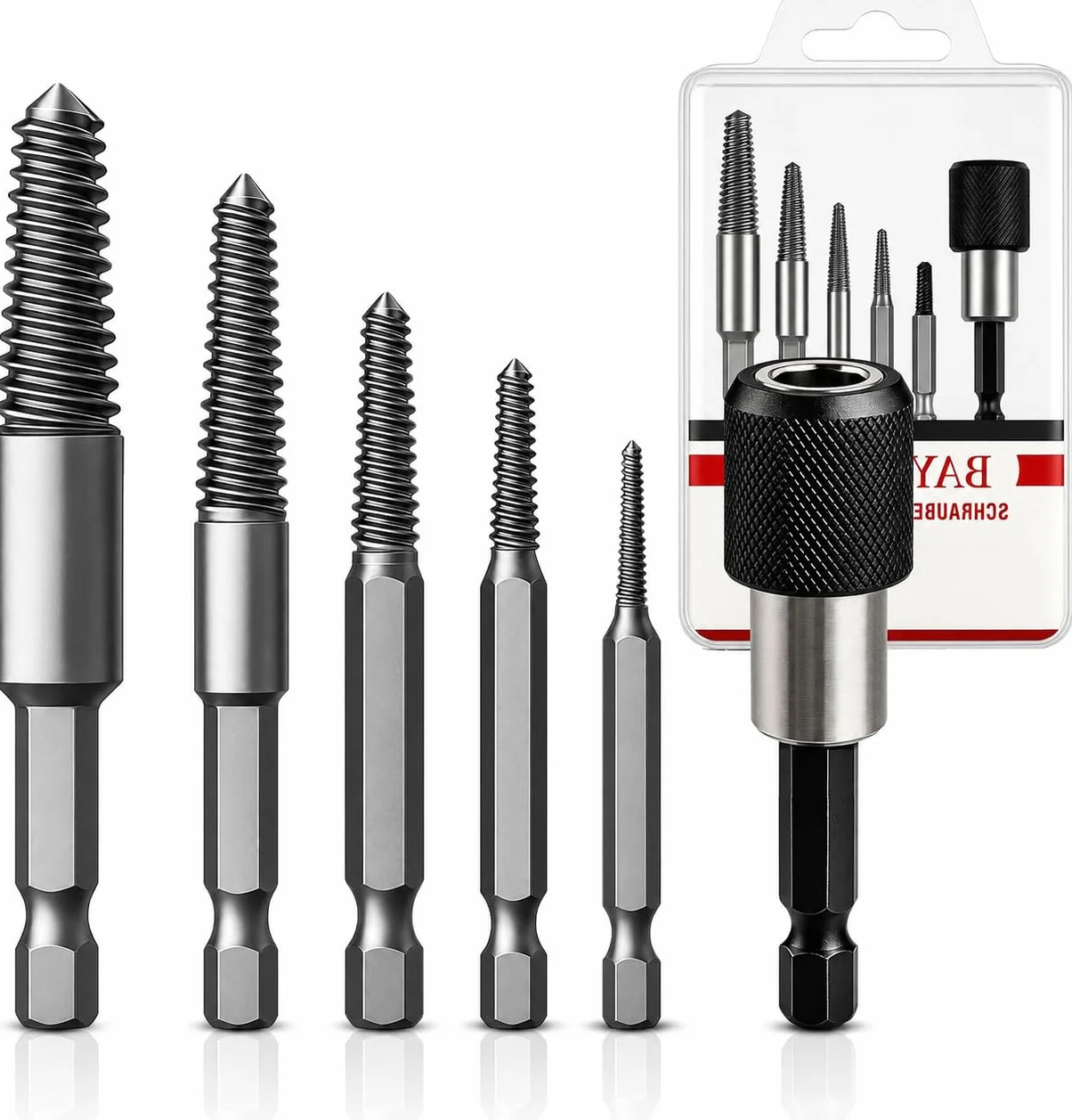 Juego de extractores de tornillos 6 piezas E6.3 - Extractor izquierdo con portapuntas de cambio rápido - Destornillador + extractor para tornillos dañados y atascados