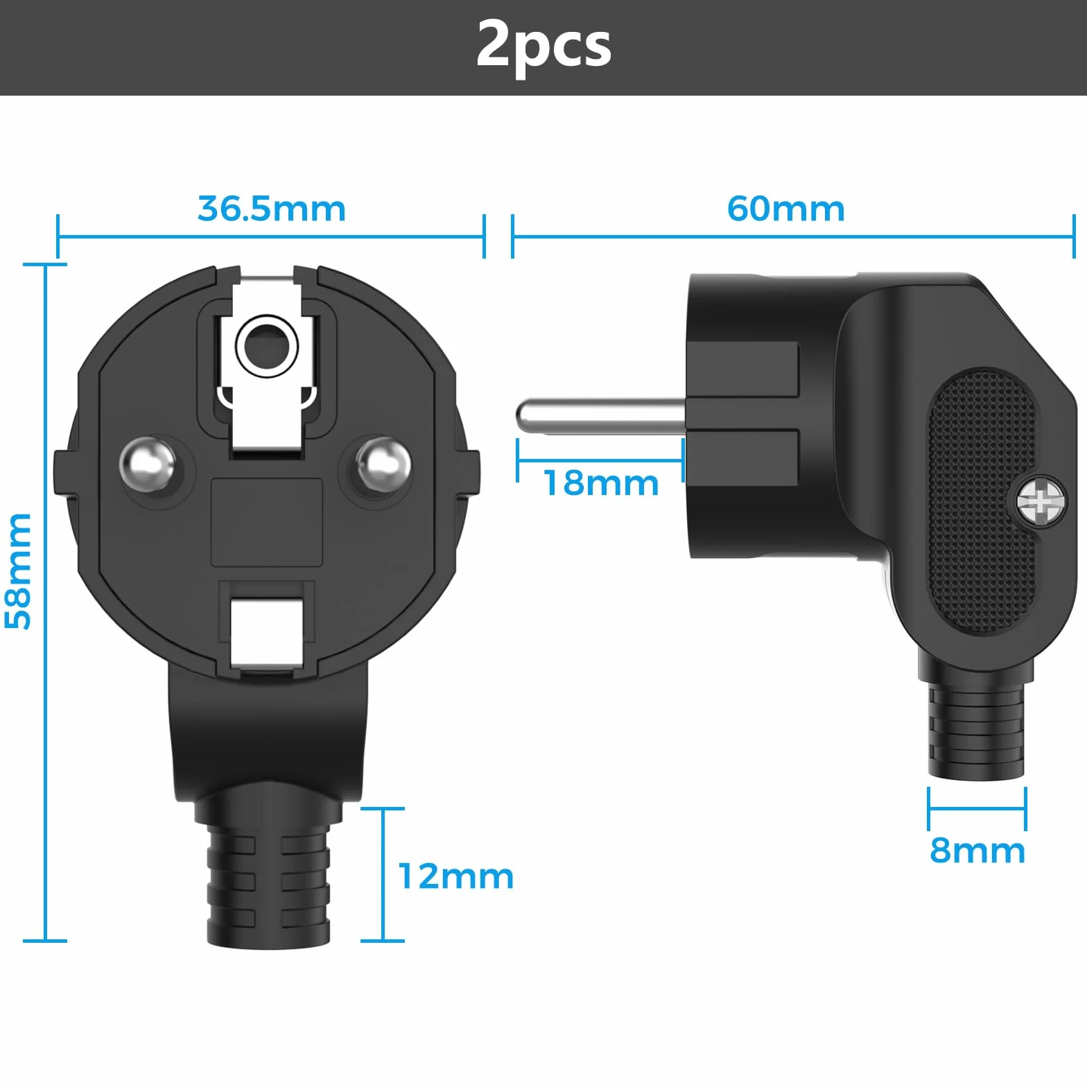 Enchufe Schuko 250V 16A Ángulo 8-10 mm Clavija Contacto Puesta a Tierra Europeo