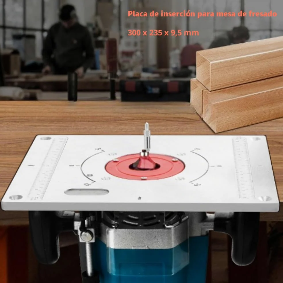 Fresadora de mesa con placa de inserción, router de aluminio, placa de inserción, con función de elevación, router, con 2 anillos y tornillos para rebajadora, trabajo de madera, 300 x 235 x 9,5 mm