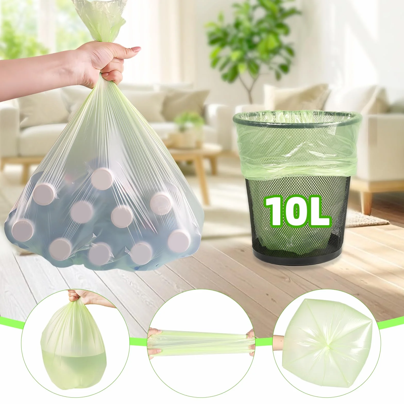 Bolsas de basura orgánicas 10 L 120 unidades biodegradables resistentes al desgarro impermeables W45x50 cm verde