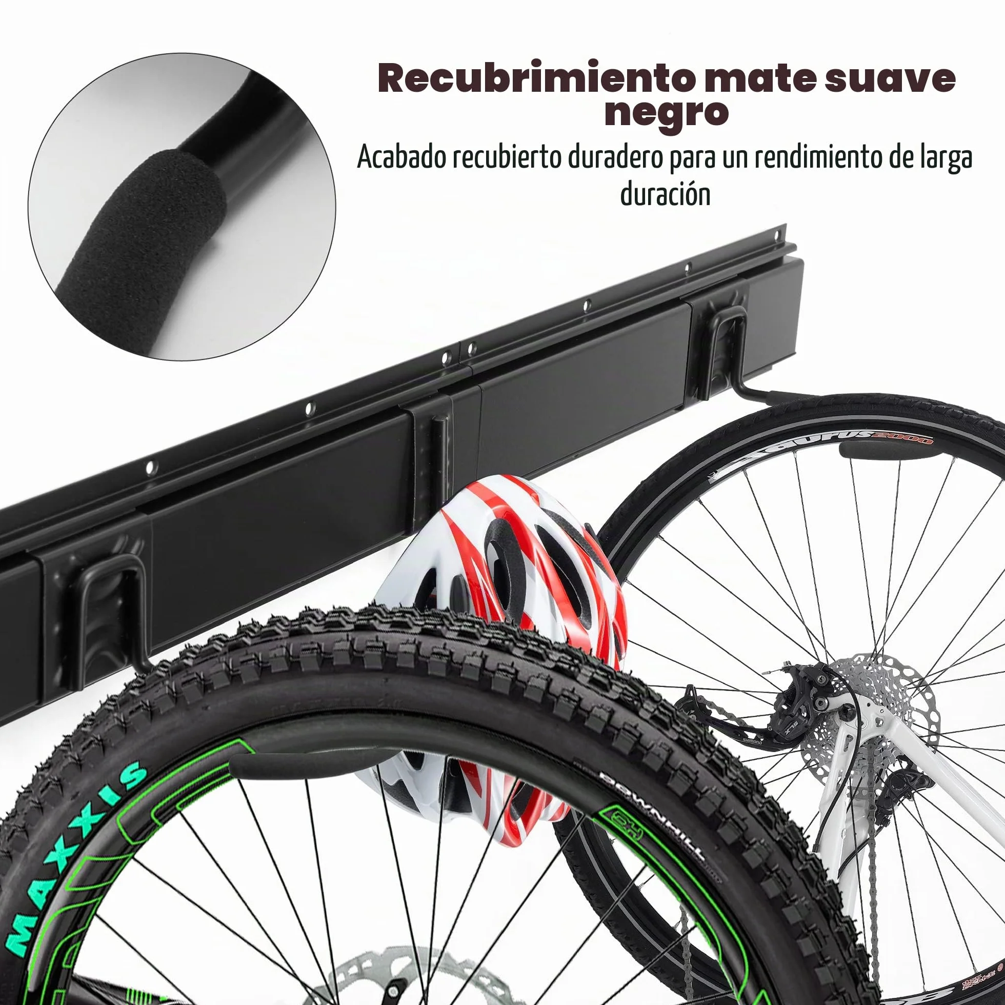 Sinoer Soporte de pared para bicicletas, soporte mural para 4 bicicletas + 2 cascos, colgador de pared resistente para bicicletas, gancho de acero macizo, 2 raíles de 16 pulgadas