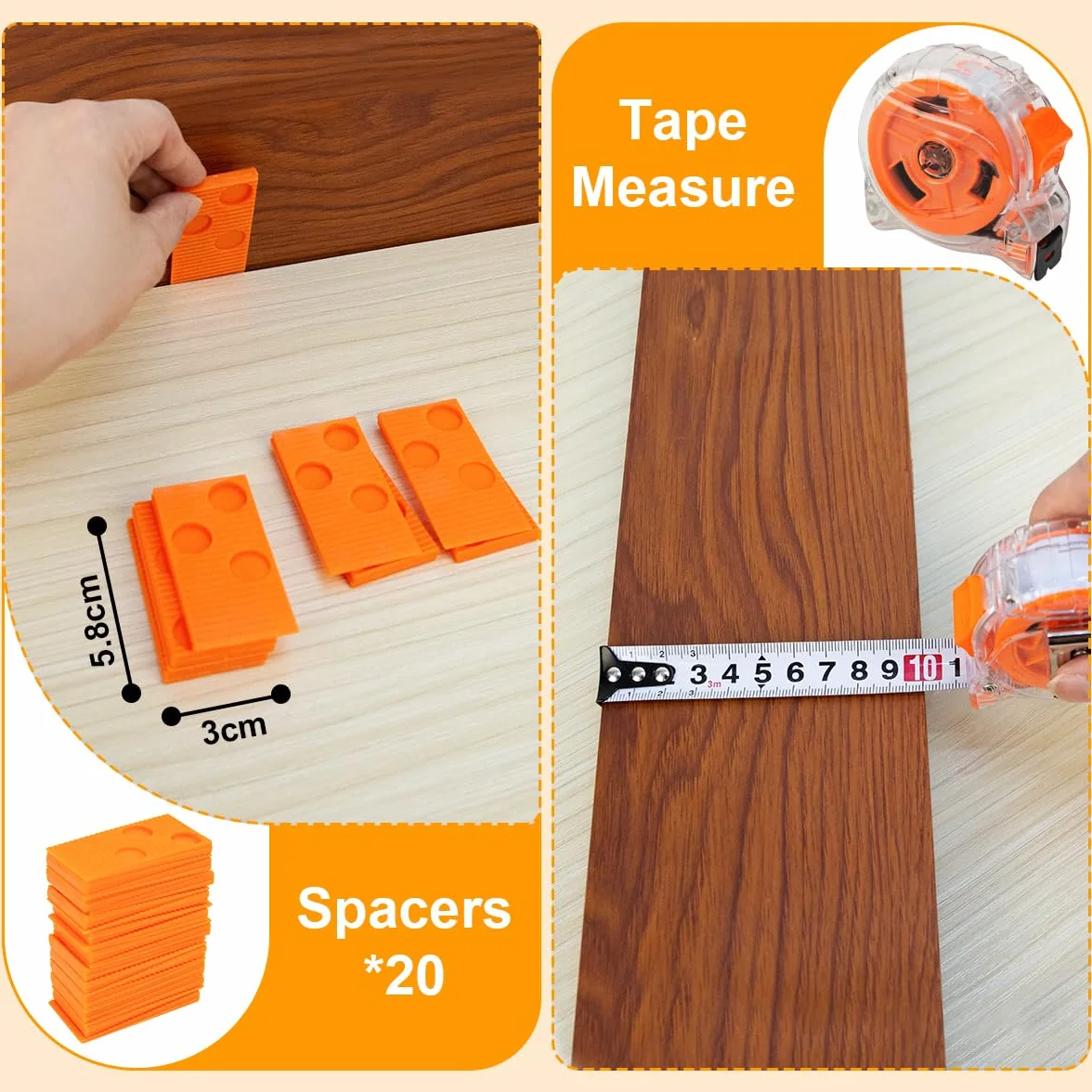Herramientas de suelo laminado, kit de instalación de suelos de madera de 35 piezas, kit de suelo laminado con espaciadores de suelo, mazo de goma, bloque de roscado de goma, espaciadores y cinta
