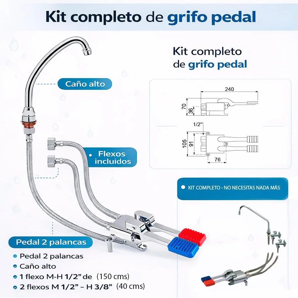 Kit Grifo Pedal Completo Plateado 5 Piezas Caño Alto 2 Palancas Latiguillos 150cm 40cm