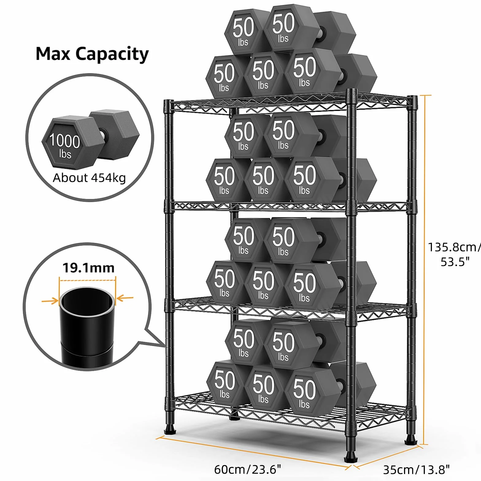 M MZG Estantería Metálica de 4 Nivele, Capacidad de Carga de 454 kg, Baldas Ajustables, para Garaje, Trastero, Lavandería y Cocina,Estudio,Negros, 35 x 60 x 135,8 cm