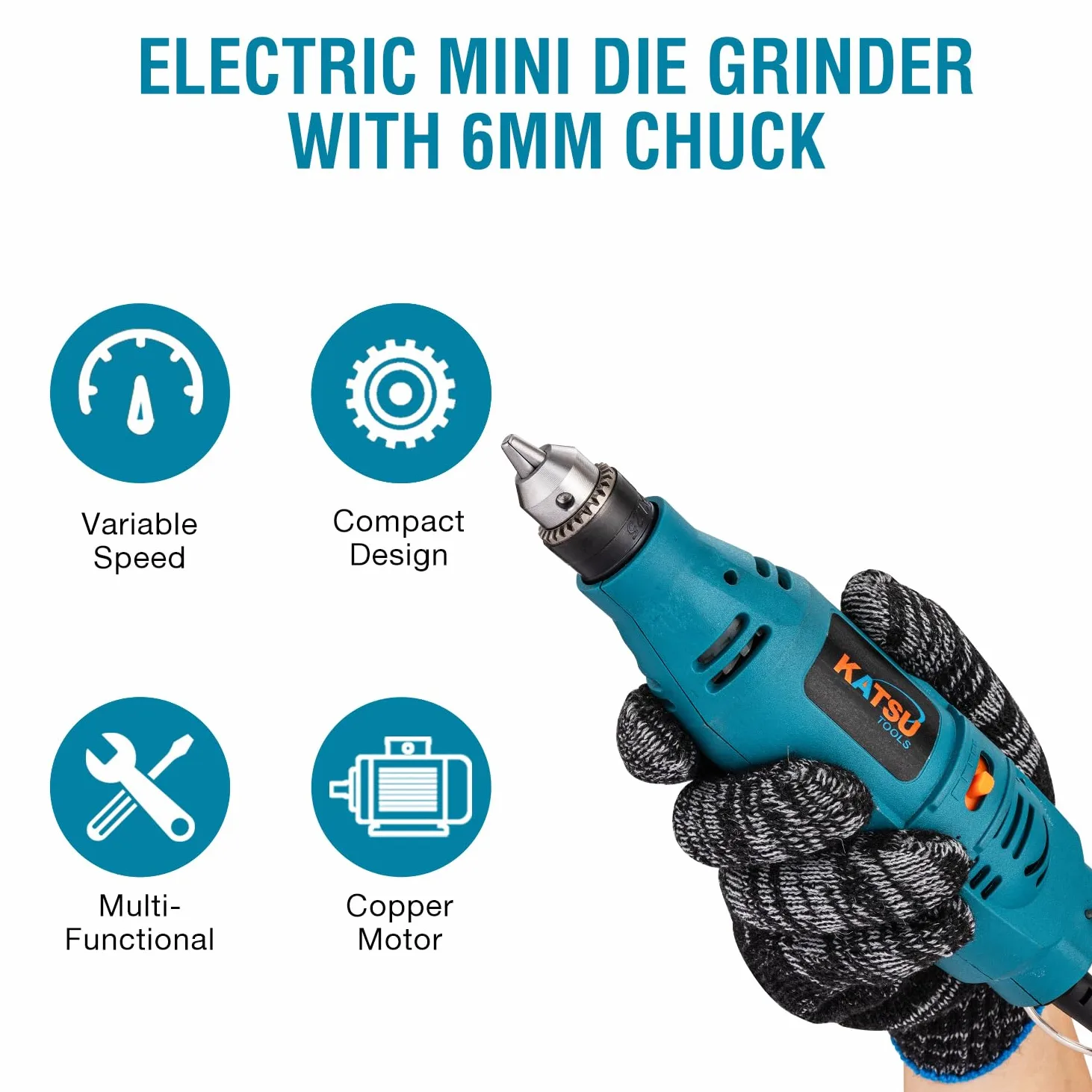 KATSU Tools Mini amoladora eléctrica de 130 W, herramienta rotativa de mano con velocidad variable y mandril de 6 mm para pulir, grabar, tallar y hacer manualidades