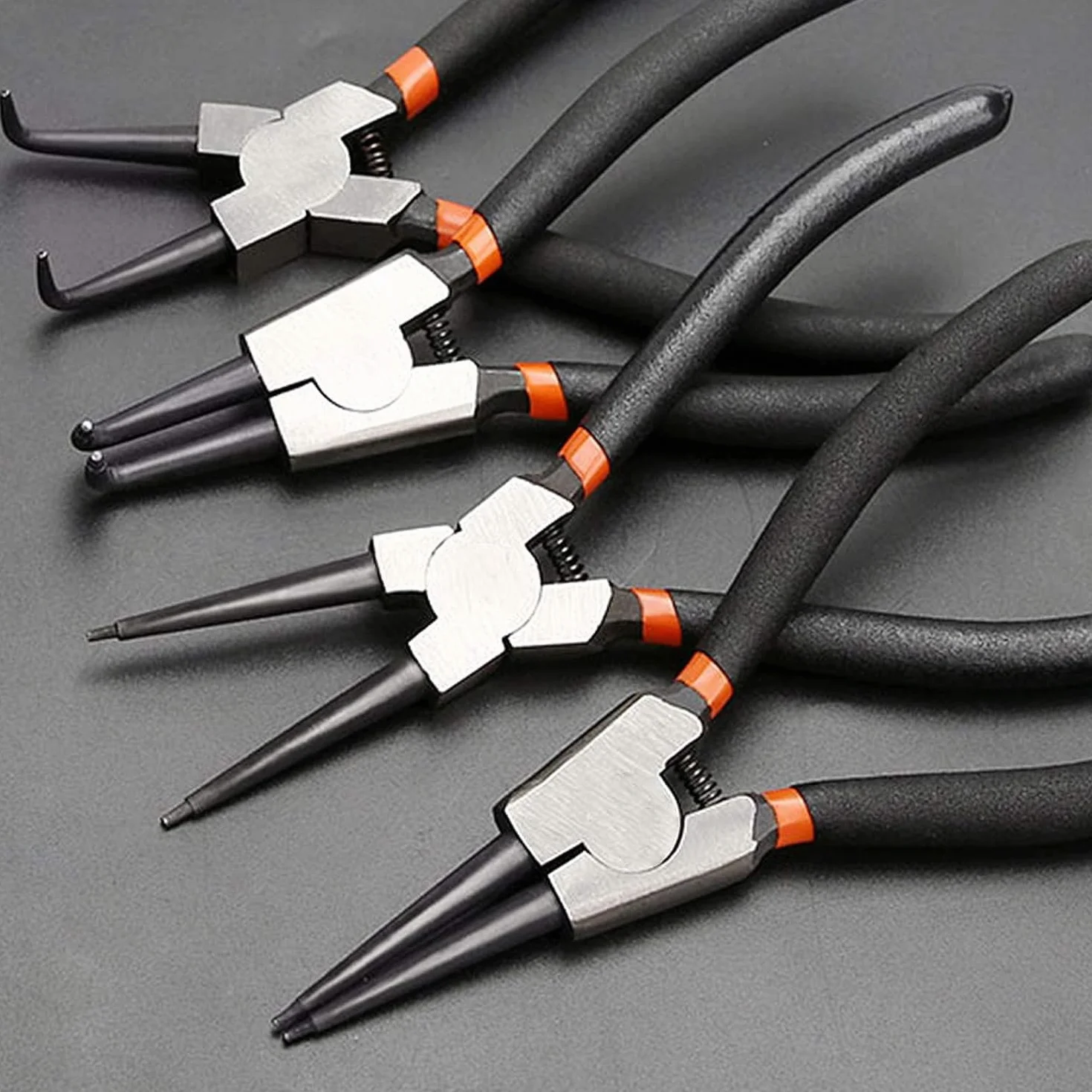 Juego de 4 Alicates Circlip 150mm 6 pulgadas Profesionales Alicates para Anillos Arandelas de Presión Recto Curvados Internos y Externos Mangos Antideslizantes con Bolsa de Almacenamiento