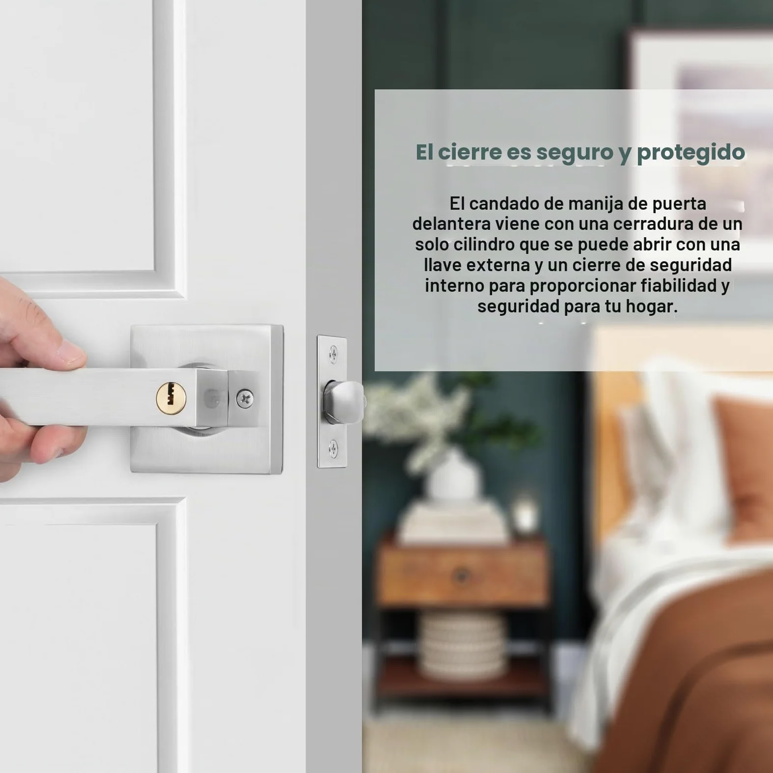 HSEAMALL Tirador de palanca para puerta, tirador de puerta interior con cerradura y llave, puerta de entrada cuadrada para dormitorio oficina mano derecha o izquierda (plata)