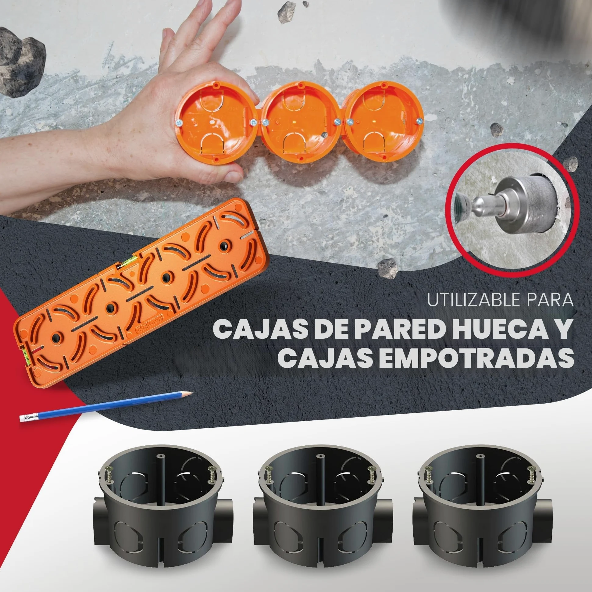 Plantilla de perforación para enchufe, caja de interruptor, caja de pared hueca, 71 mm de distancia, nivel de burbuja para instalación eléctrica en materia prima y paneles de yeso, MaKoen