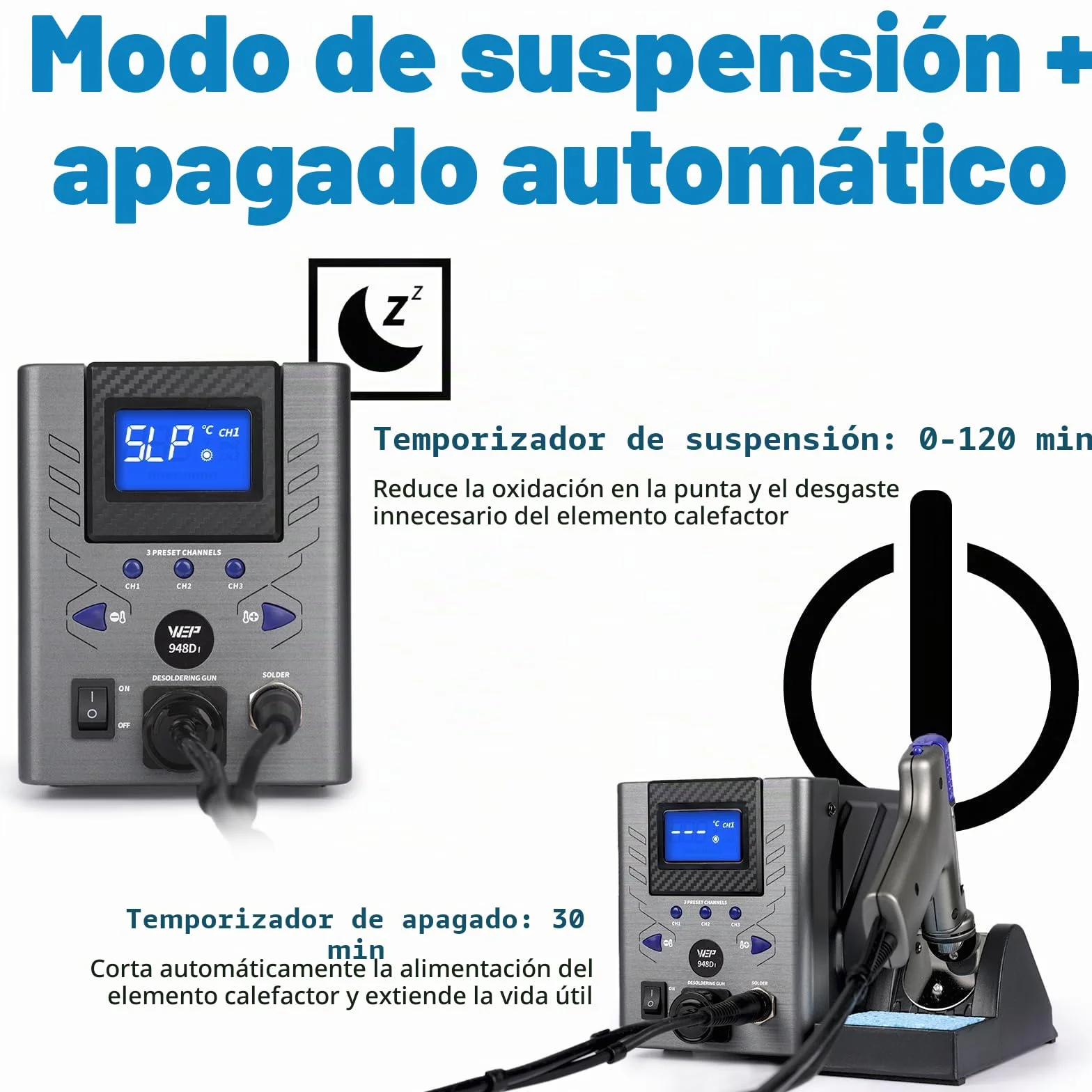 WEP 948D-I 110W Estacion de desoldadura de alta potencia con 4 boquillas de desoldado, control de temperatura con 3 canales preconfigurados, pantalla inclinable, a prueba de ESD(EU)