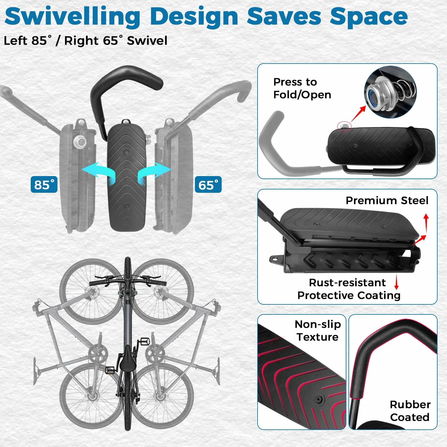 Soporte Bicicletas Pared Giratorio, Colgador Bicicleta Pared con Fijación Rueda Trasera, Hasta 30 kg