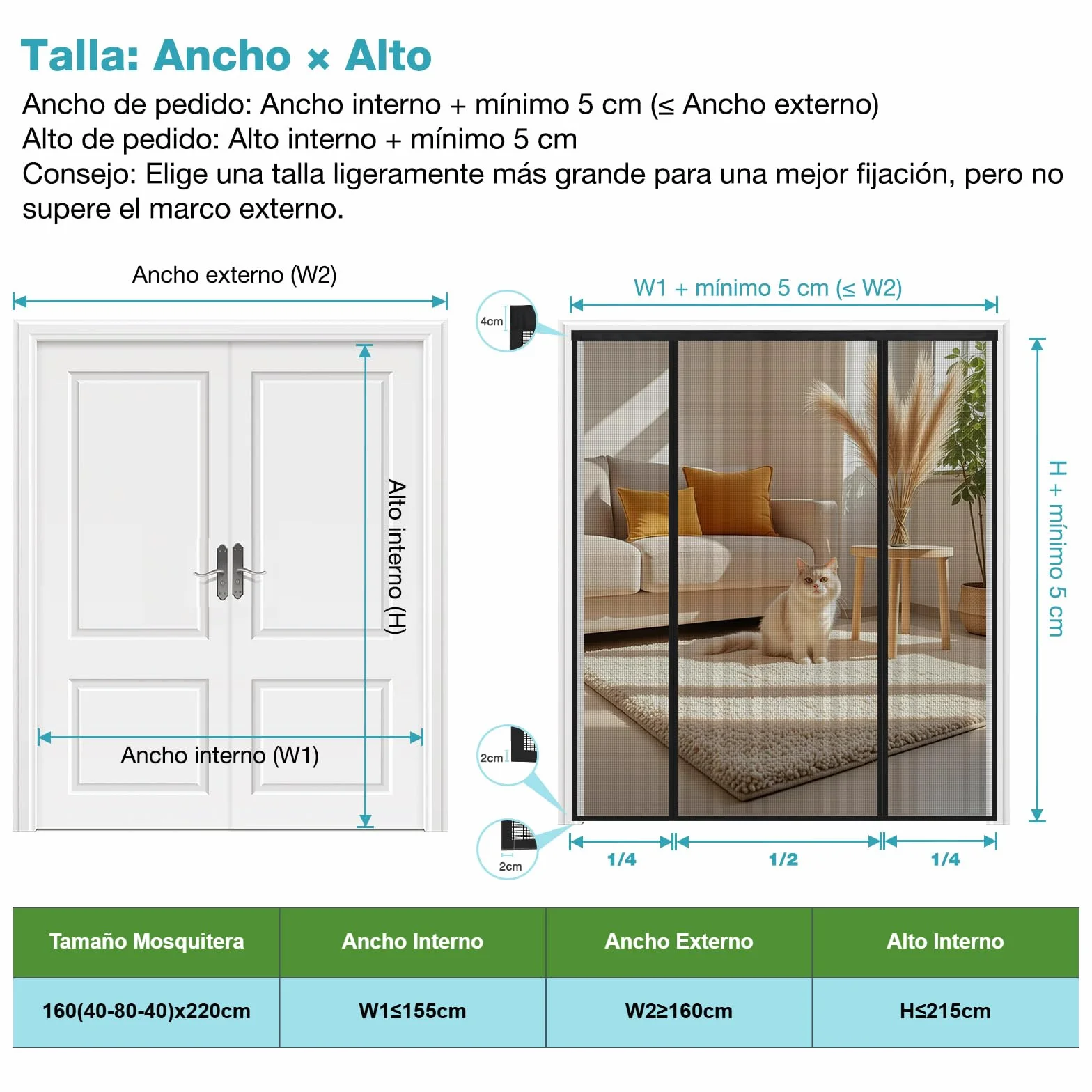 Mosquitera Puerta Magnética 160x220 cm Negro, Translucida con Doble Apertura Lateral, Cortina Antimosquitos Se Cierra Automáticamente, para Puerta Doble Balcón Patio Exterior