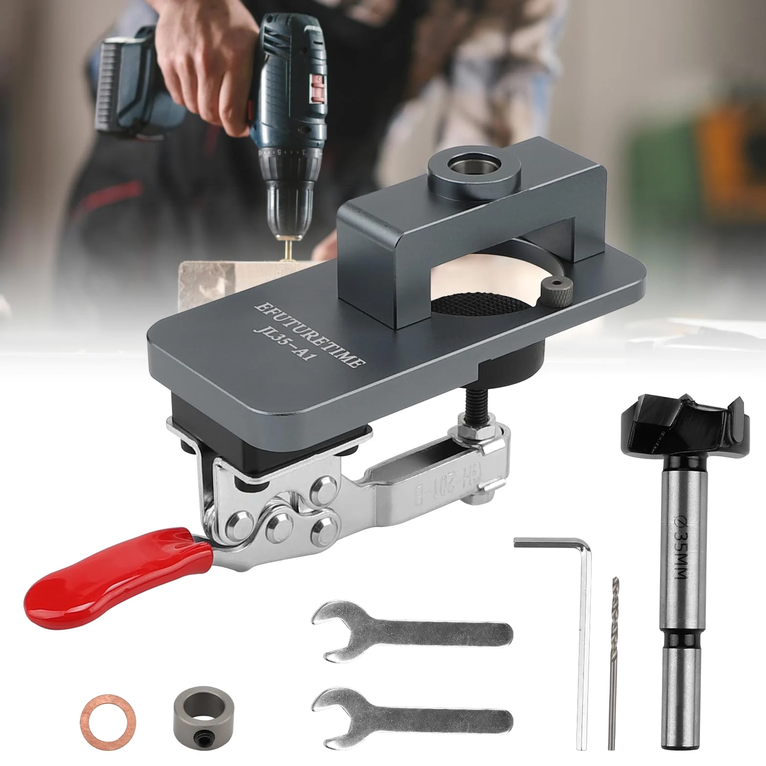 EFUTURETIME Plantilla Colocar para Bisagras Puertas de Cazoleta 35mm con Broca, Plantilla de Perforación de Bisagra, Herramientas Carpinteria para Localizador de Guía de Perforación, Hinge Jig