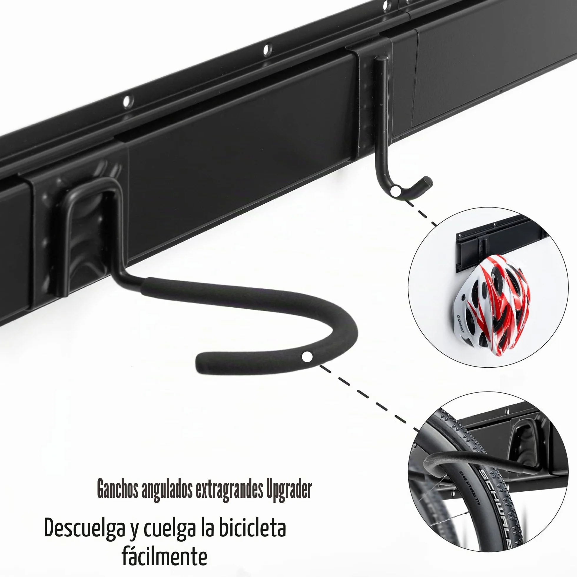Sinoer Soporte de pared para bicicletas, soporte mural para 4 bicicletas + 2 cascos, colgador de pared resistente para bicicletas, gancho de acero macizo, 2 raíles de 16 pulgadas